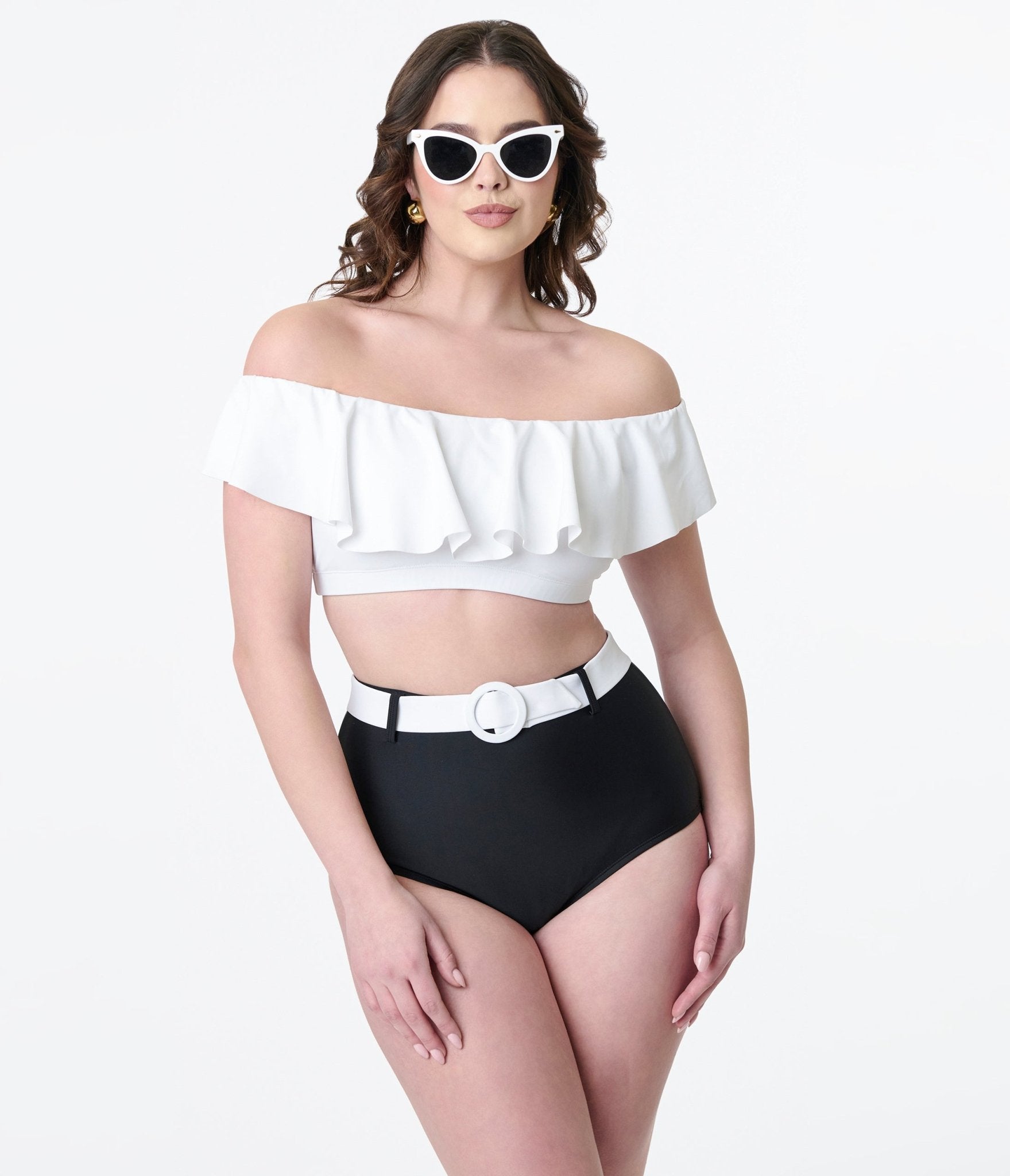 Vintage Black & White High Waist Belted Swim Bottoms - Retro Bathing Suit Bottoms for Women - Perfect for Beach, Pool & Summer Vacations