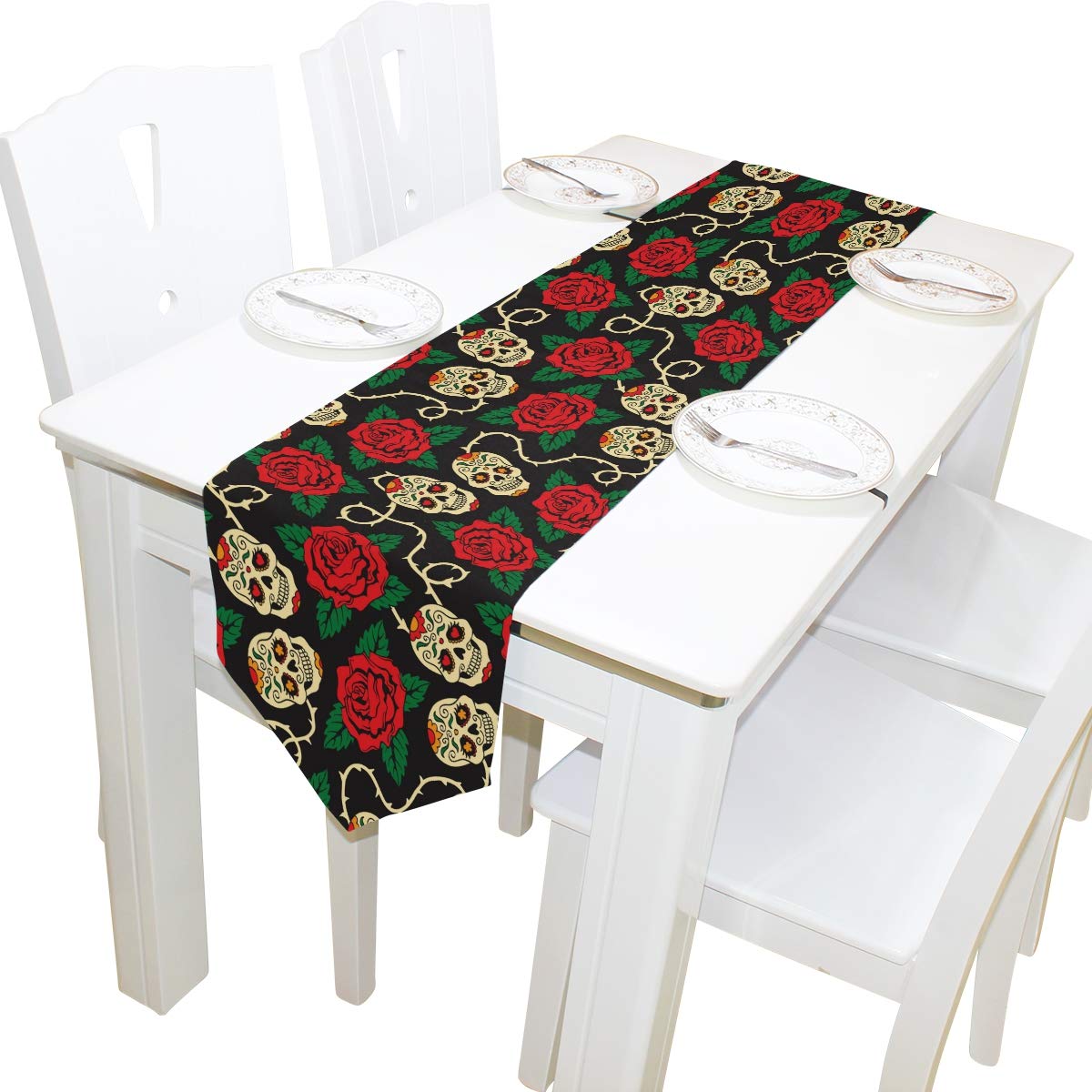 AUUXVA 13x90 Inches Long Sugar Skull Floral Rose Table Runner - Decorative Polyester Tablecloth for Home, Coffee Shop, Kitchen, Dining Table, Party, Banquet & Holiday Decorations - Perfect for Dia de los Muertos Celebrations, Halloween Parties & Mexican-Themed Events