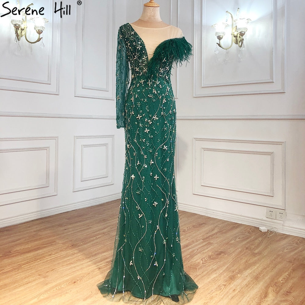 Elegant Grey Mermaid Evening Gown with Feather & Beaded Details - Women's Luxury Party Dress for Prom, Gala & Special Occasions