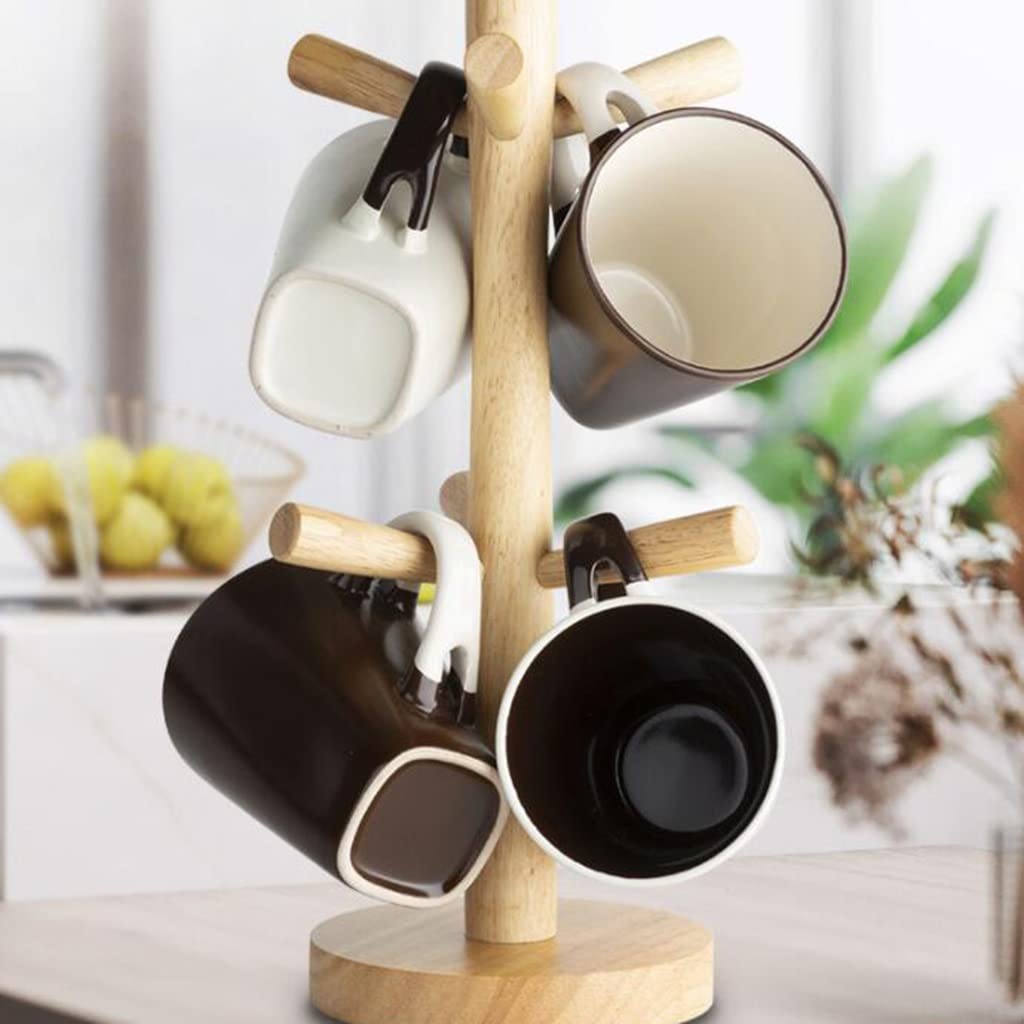 Wooden Cup Holder Stand for Coffee Mugs & Glasses - Countertop Drying Rack with Drain Tray - Multi-Purpose Organizer for Jewelry, Bracelets & Hair Accessories - Perfect for Kitchen, Bathroom & Bedroom Storage