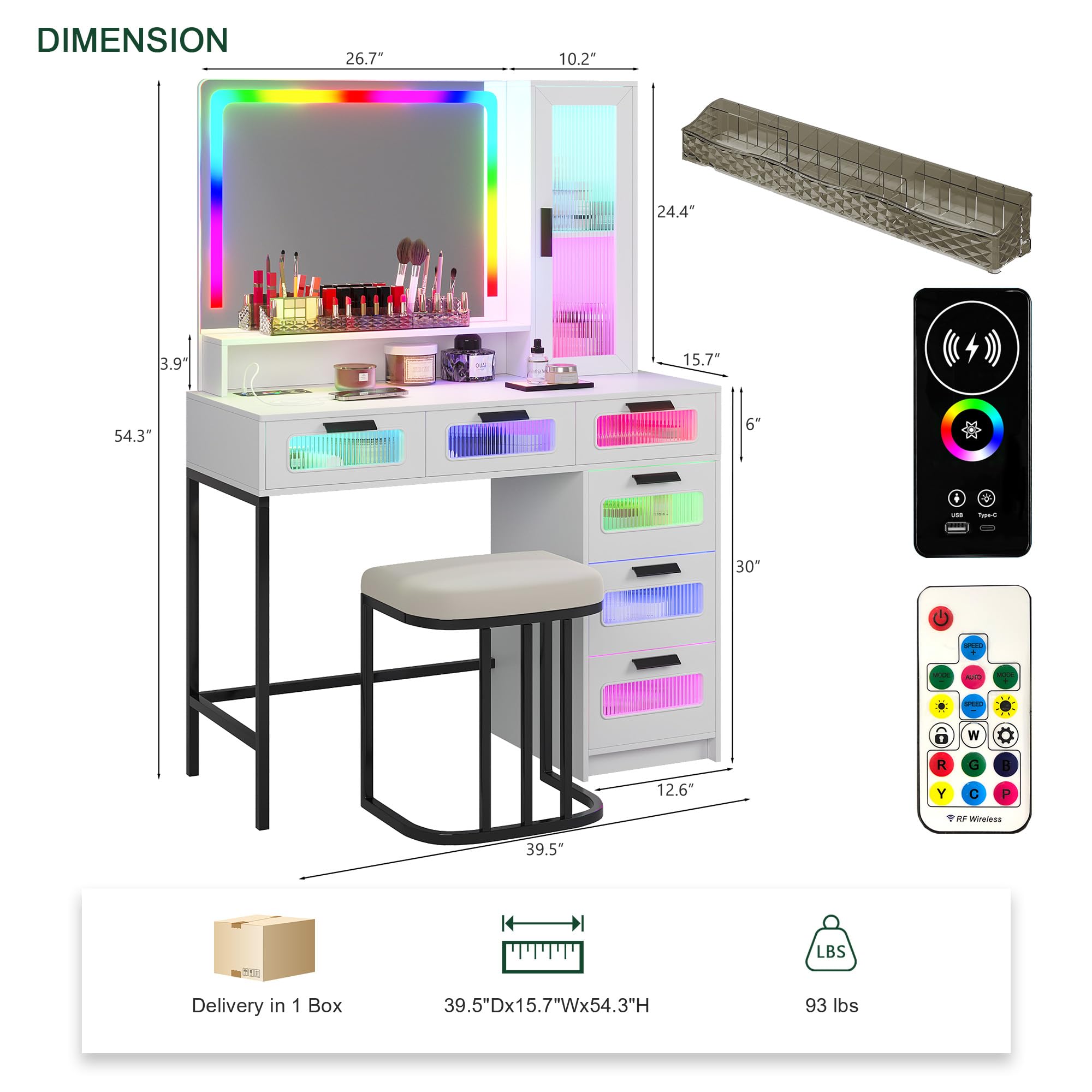 HNEBC White LED Vanity Makeup Desk with Mirror, RGB Lights & Wireless Charger - 6 Drawers, Cabinets & Stool Included - Perfect Dressing Table for Bedroom, Cloakroom & Beauty Salon Makeup Stations