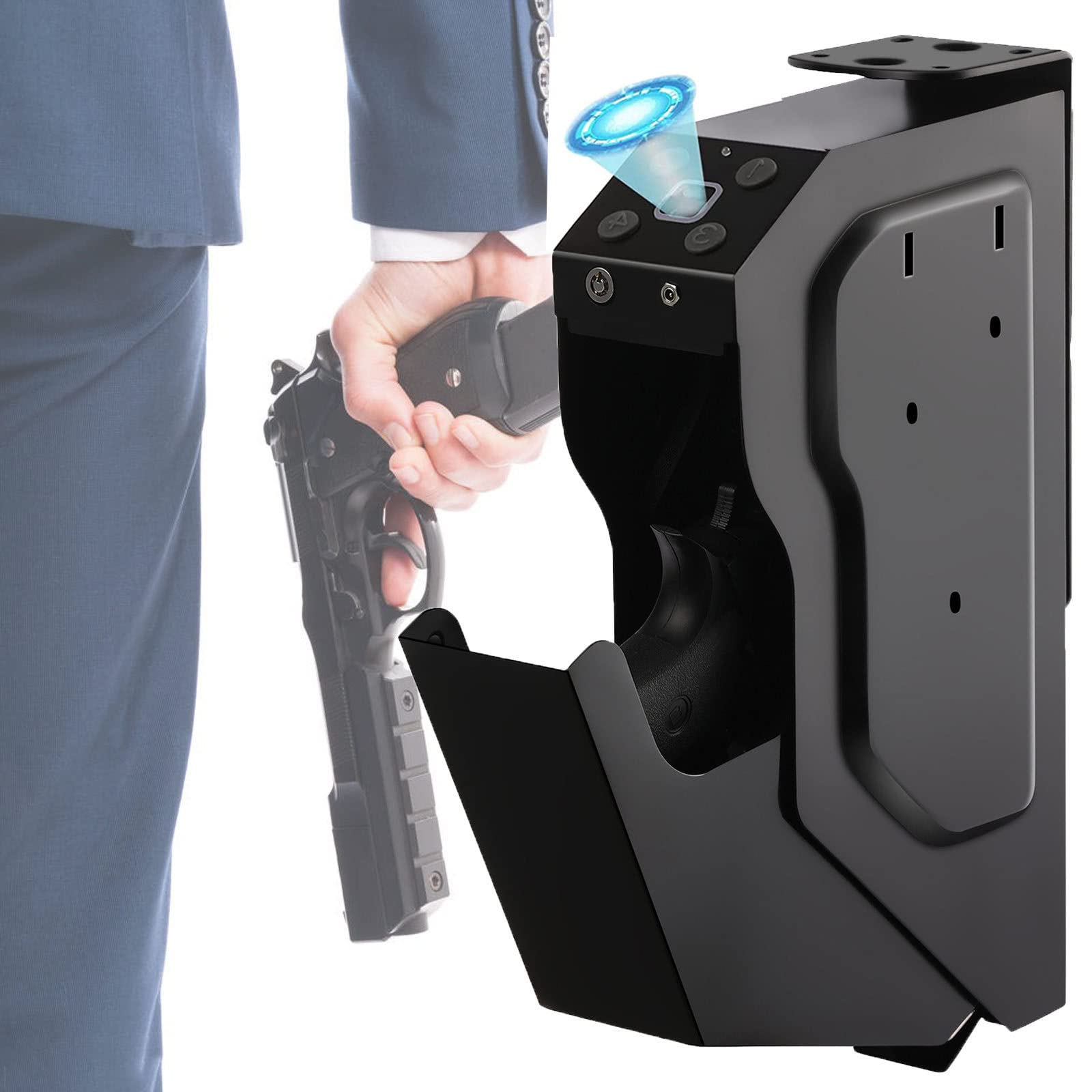 GEHPYYDS Biometric Fingerprint Gun Safe - Quick Access Drop Down Handgun Safe with Fingerprint, Keypad & 2 Keys for Pistols - Perfect for Nightstand, Bedside & Wall Mounted Home Security