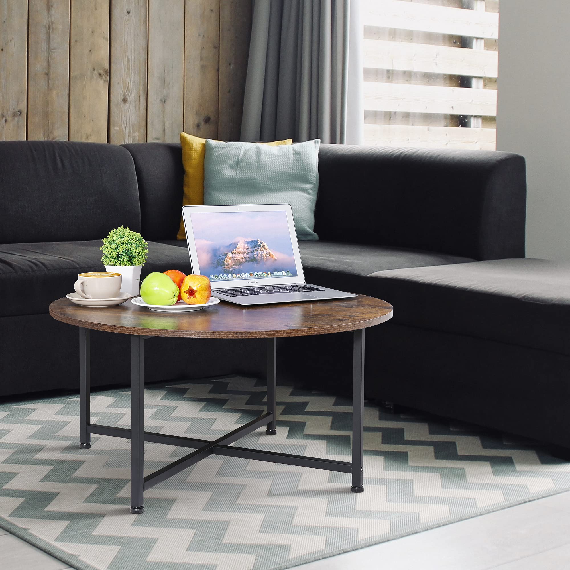 Smartxchoices 32 Inch Round Coffee Table - Solid Wood Top with Sturdy Metal Cross Legs - Industrial Style Center Table for Living Room, Coffee Bar, Patio & Outdoor Use - Perfect for Entertaining Guests or Relaxing with Coffee