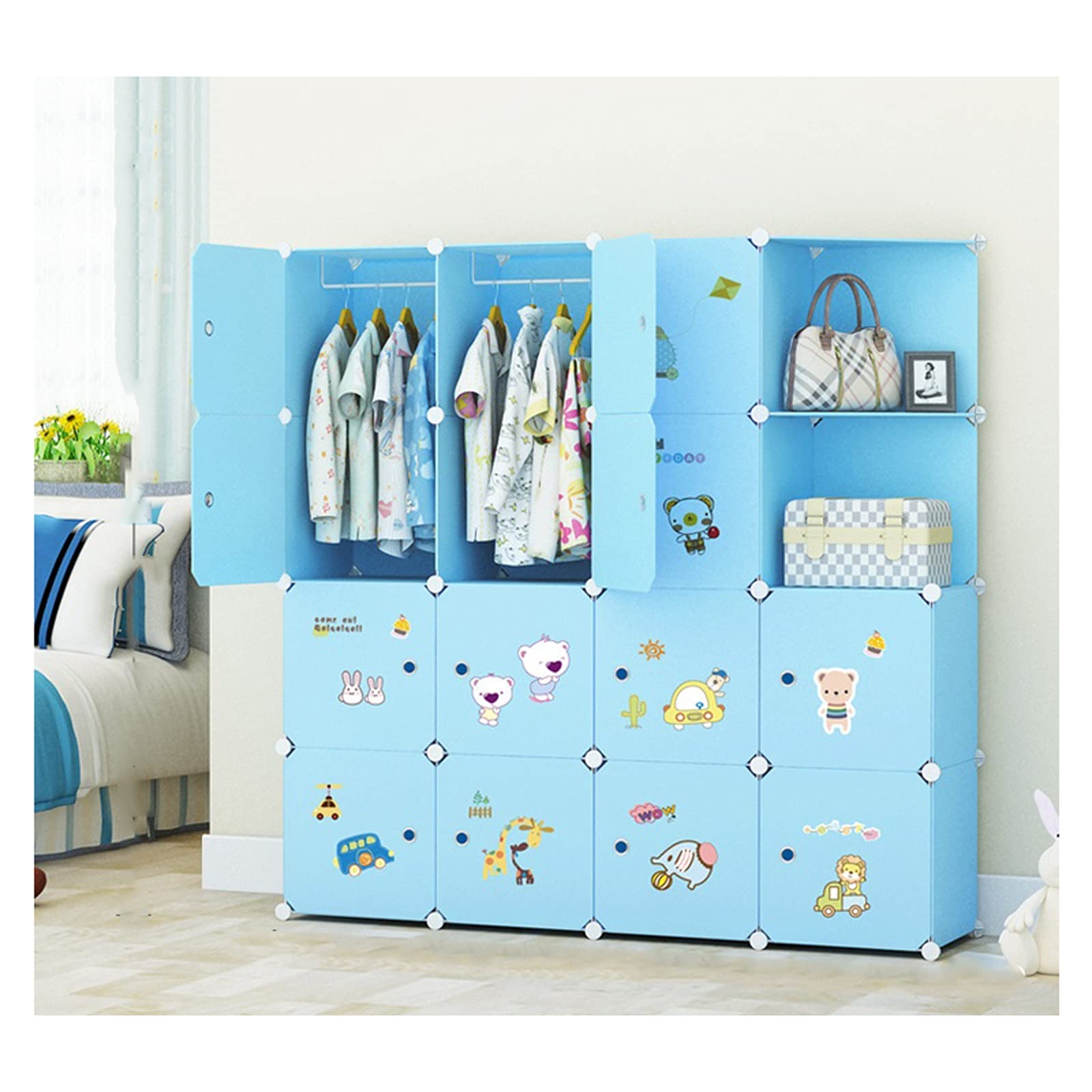 Portable Kids Wardrobe Organizer - Space Saving Modular Cabinet for Toys, Books & Towels | Non-Woven Fabric Closet Storage with Cubes | Ideal for Bedroom, Nursery & Playroom (Blue)