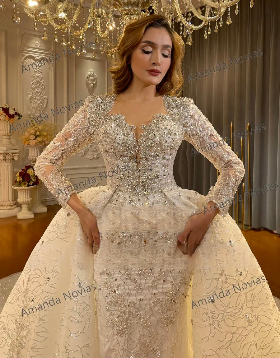 Elegant Beaded Mermaid Trumpet Wedding Dress with Detachable Train - Perfect for Bridal Gowns, Beach Weddings & Formal Evening Events