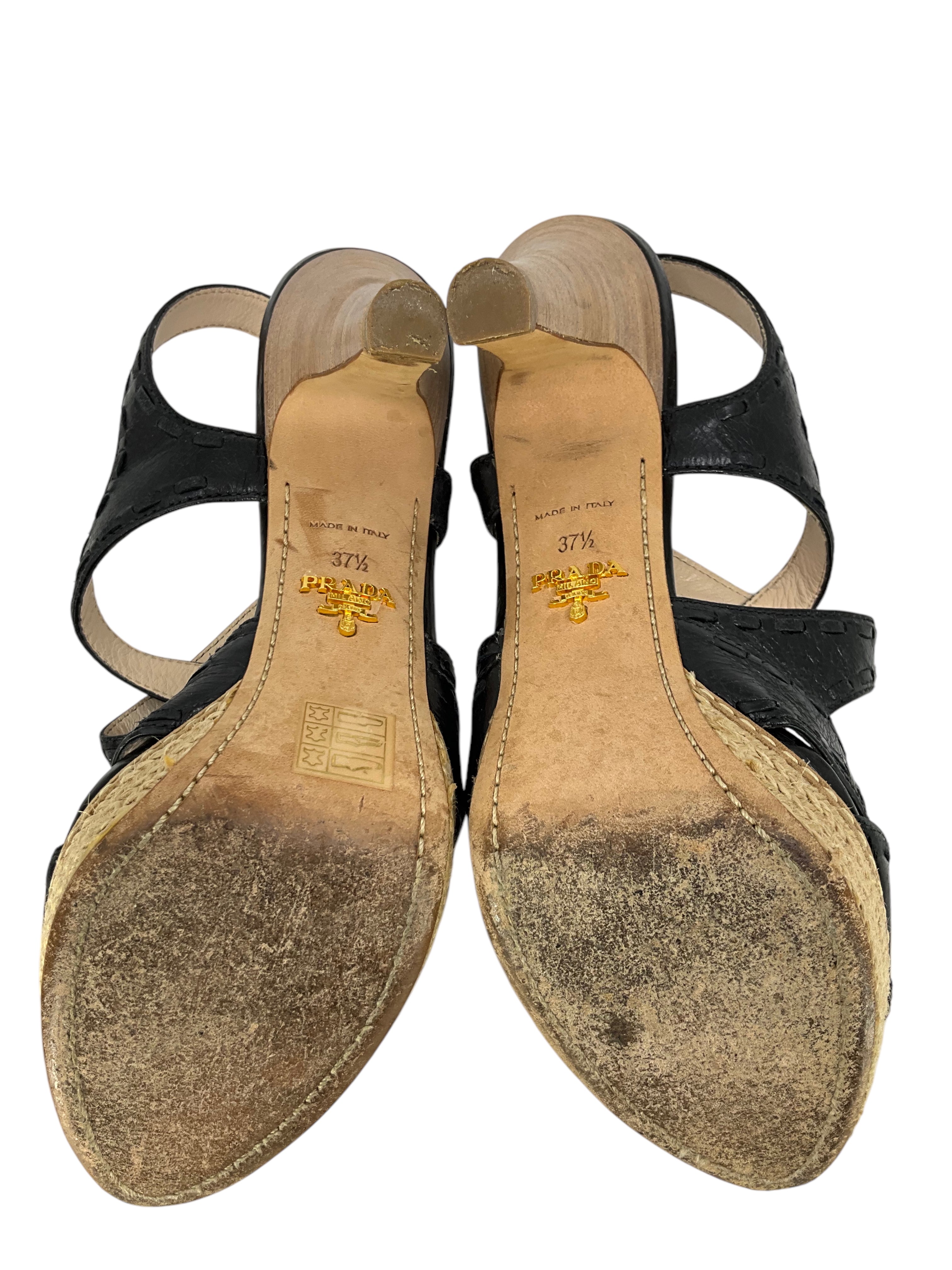 Prada Strappy Leather Espadrille Platform Sandals Women's Size 7.5 - Comfortable High Wedge Heel Summer Shoes for Beach, Vacation & Casual Outfits