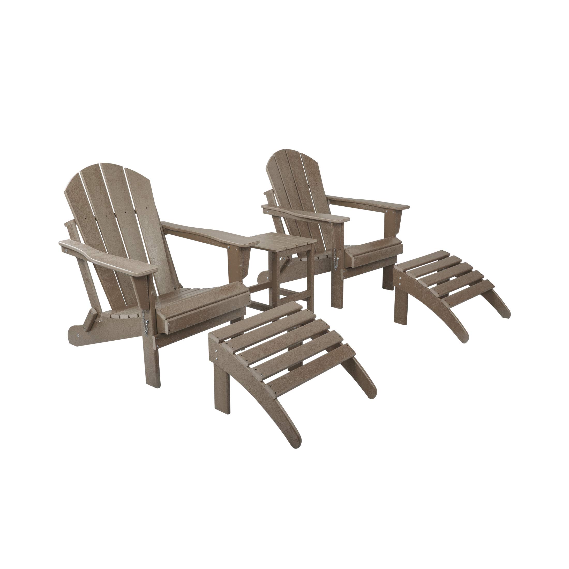 **HDPE Adirondack Chair Ottoman Side Table Set 5-Piece - Patio, Backyard, Garden, Porch & Bonfire Outdoor Furniture (Weathered Wood Finish)** - Perfect for Relaxing, Entertaining & Outdoor Gatherings