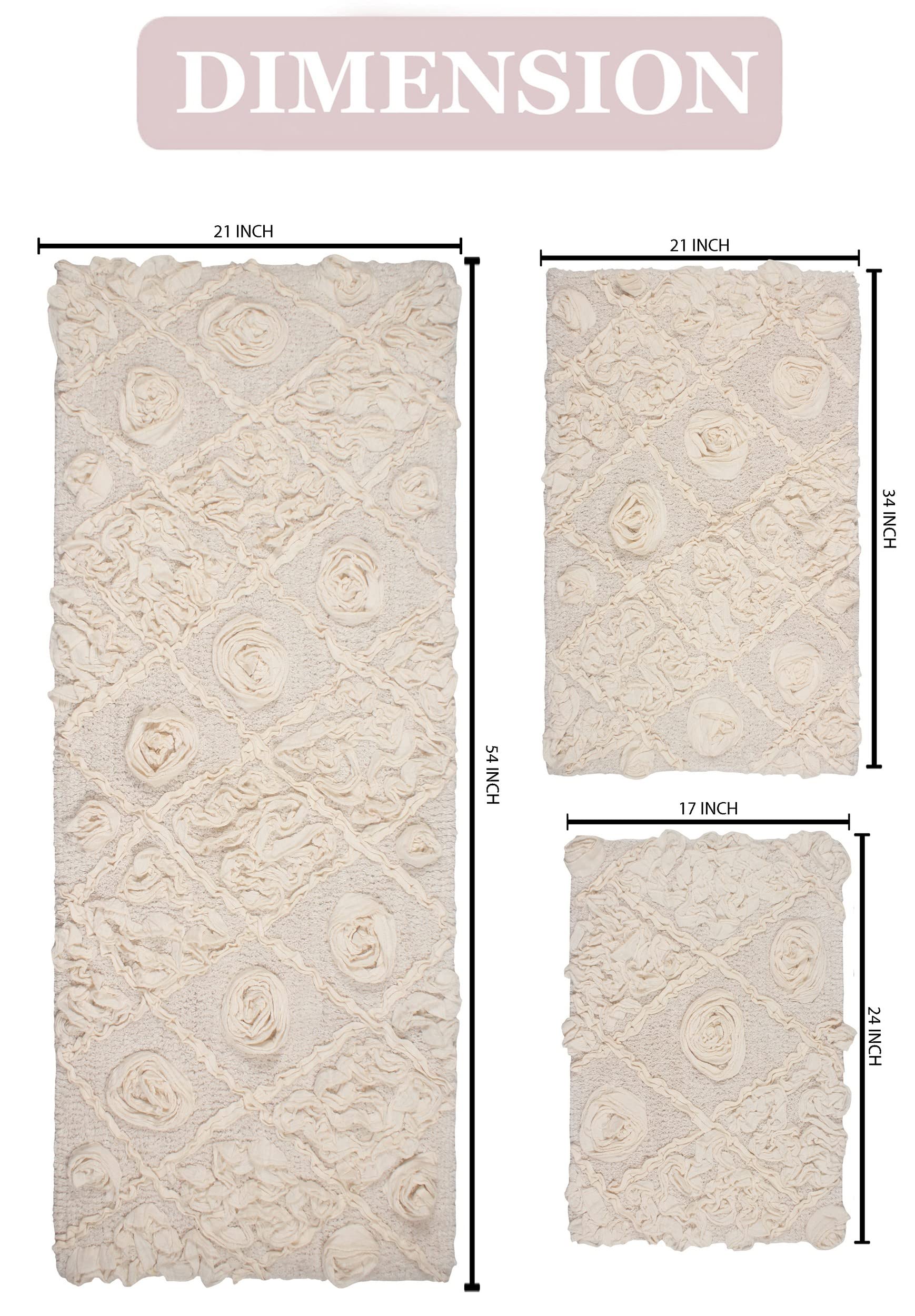 Home Weavers Modesto 100% Cotton Bath Rug Set - Ultra Soft & Absorbent Non-Slip Bathroom Mats, Washable 3-Piece Set with Runner (Ivory) - Perfect for Bathroom, Kitchen & Entryway Floor Protection