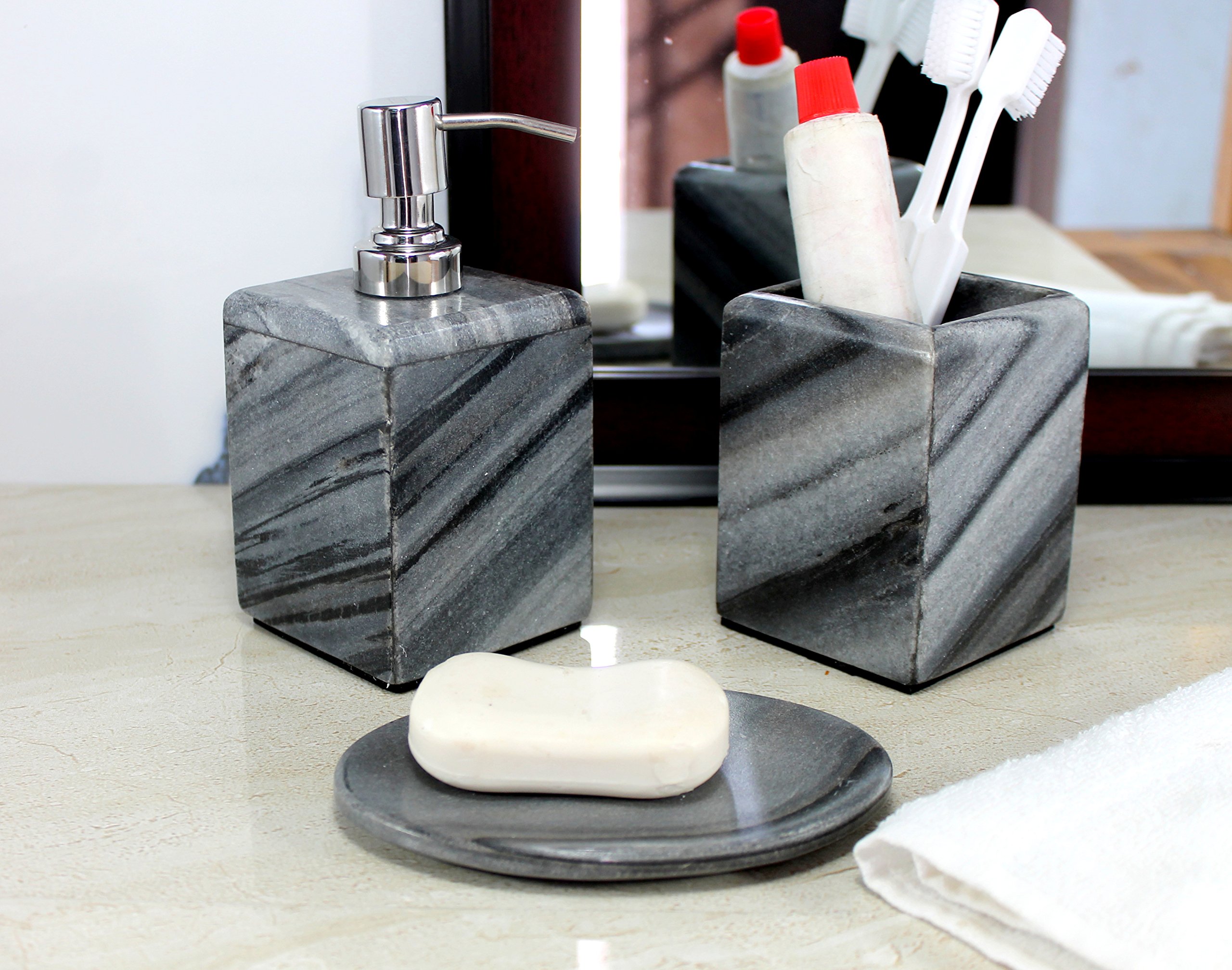 Natural Stone Bathroom Set - Soap Dispenser, Toothbrush Holder & Soap Dish (Grey, 3-Piece) for Spa-Like Luxury