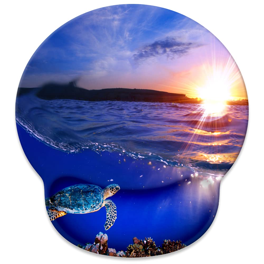 Ergonomic Mouse Pad with Wrist Rest - Non-Slip Rubber Base Gaming Mousepad for Computer & Laptop - Cute Sea Turtle & Sunset Design - Perfect for Office Work, Gaming & Long Computer Sessions