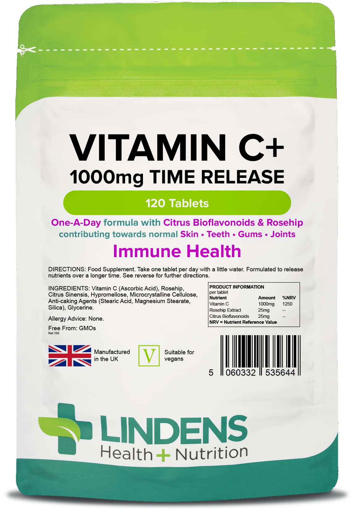 Lindens Vitamin C 1000mg with Citrus Bioflavonoids & Rosehip - 120 Time Release Tablets for Immune Support, Energy & Skin Health - Boosts Collagen for Teeth & Reduces Fatigue - Perfect for Daily Wellness & Cold Season Defense