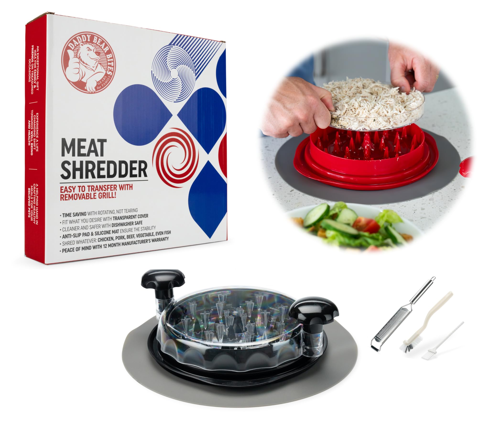 Premium Meat Shredder Tool Set - Heavy Duty Chicken Shredder with Grill Attachment, Cleaning Brush, Non-Slip Mat & Cheese Grater - Perfect for Pulled Pork, Chicken, Beef & Vegetables - Ideal for BBQ, Meal Prep & Home Cooking