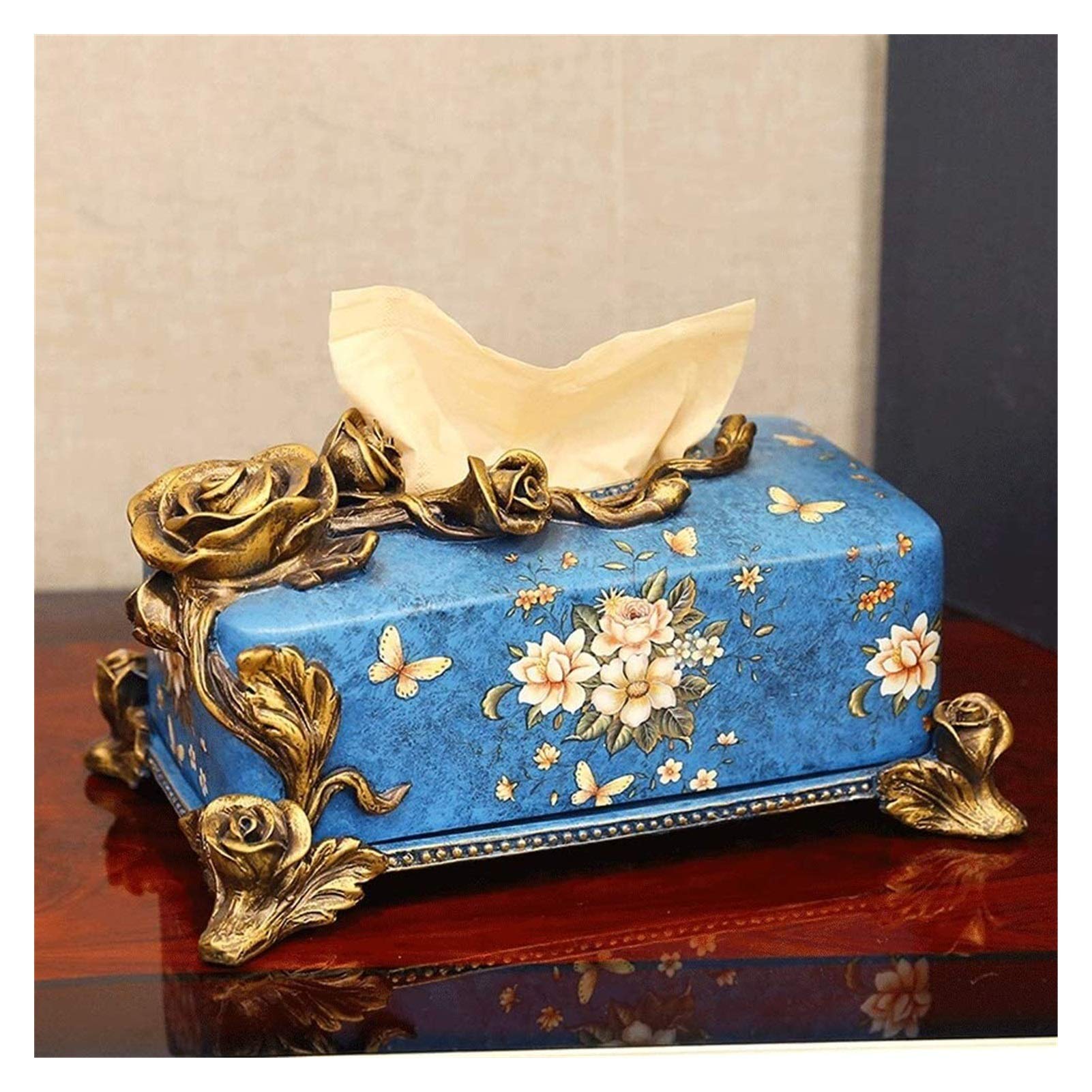 Multifunctional Creative Rose Relief Tissue Box Cover - European Rectangle Tissue Holder with Gold Base, Resin Bathroom & Facial Tissue Dispenser, Blue Napkin Storage Box | Perfect for Bathroom, Living Room, and Kitchen Decor