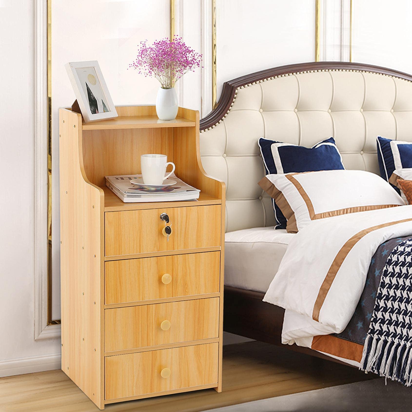 Modern Nightstand with 3 Drawers & Locking Cabinet - Bedside Table for Bedroom, End Table, Living Room - Yellow Wooden Nightstand (14.6 x 13.4 x 21.5 inches) - Perfect for Small Spaces, Apartment & Dorm Room Organization
