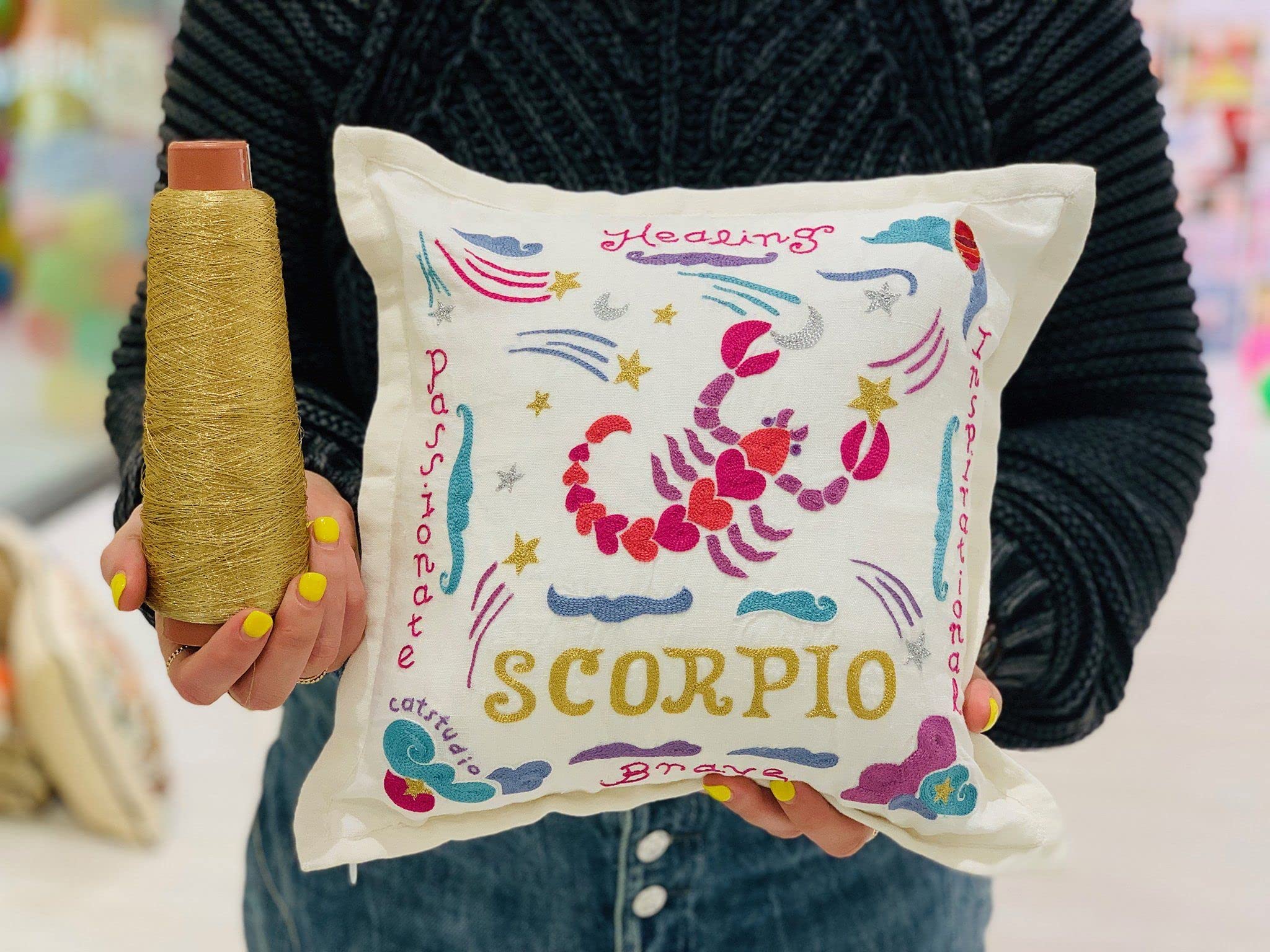 Catstudio Astrology Hand Embroidered Aquarius Zodiac Sign Pillow - Decorative Throw & Couch Pillow for January & February Birthdays - Perfect Aquarius Gift for Home Decor, Sofa, Bedroom & Living Room