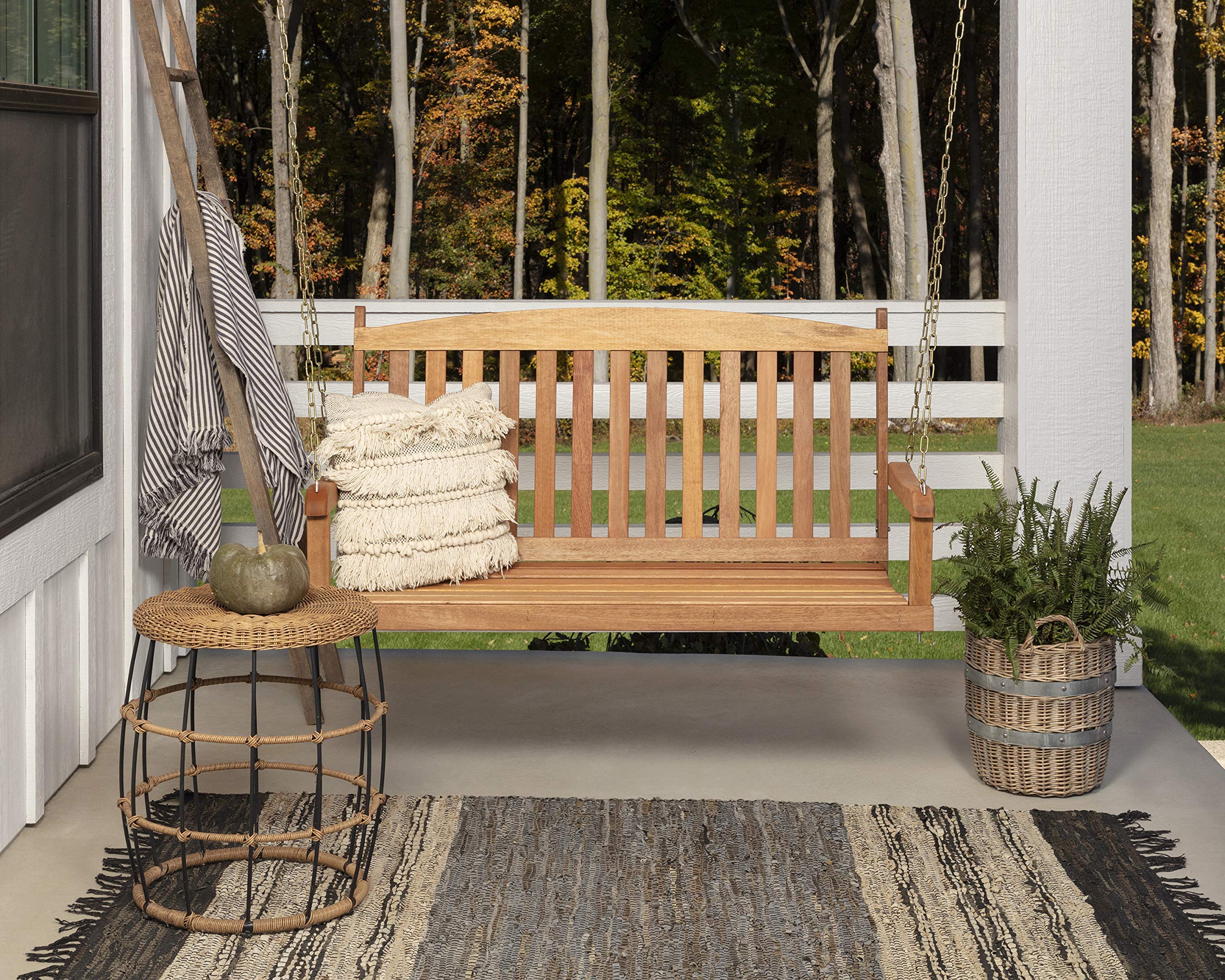 Woodlawn&Home 4 Foot Hardwood Porch Swing with Heavy Duty Chains - Honey Finish 800032 - Perfect for Outdoor Patio, Garden, and Backyard Relaxation
