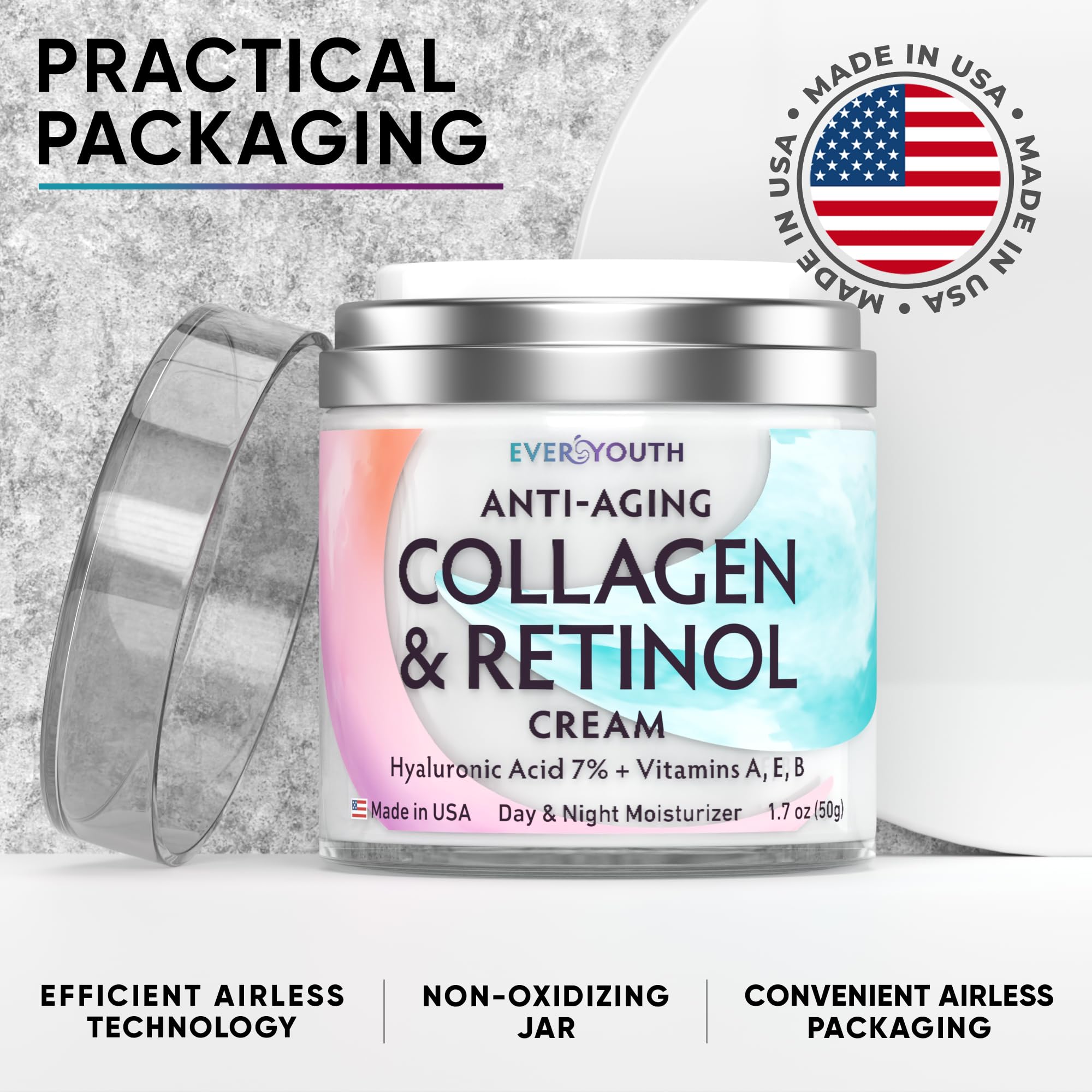 Premium Anti-Aging Collagen Face Cream with Hyaluronic Acid, Vitamin A & E - Firming & Wrinkle Reduction Moisturizer for Women - Made in USA - 1.7oz - Perfect for Daily Skincare Routine & Nighttime Hydration