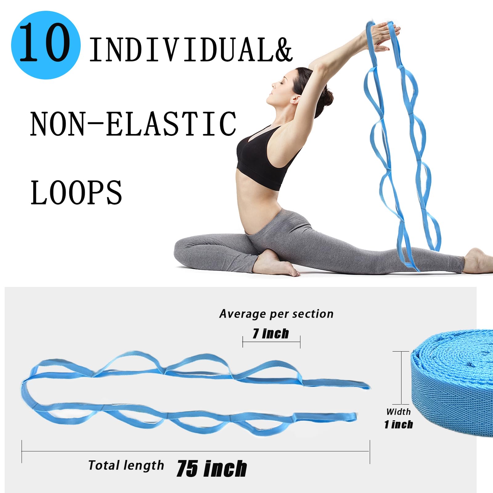 Premium Yoga Stretching Strap for Physical Therapy & Home Workout - 10-Loop Non-Elastic Pilates Band with Exercise Guide - Ideal for Yoga, Gymnastics, Flexibility Training & Rehabilitation (Men & Women) - Perfect for Home Gym, Studio Practice & Travel Fitness