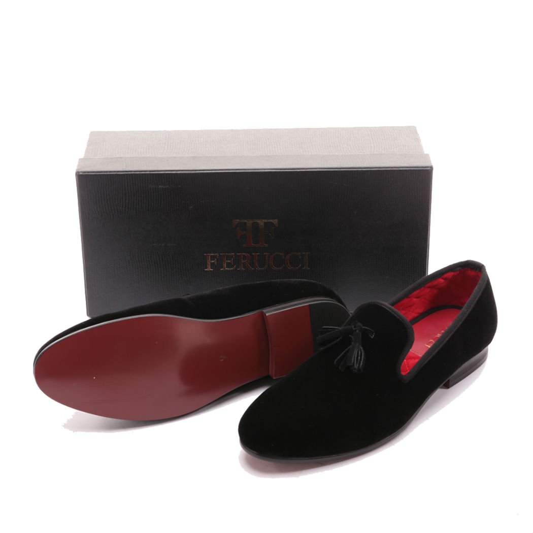 FERUCCI Men's Handmade Black Velvet Smoking Slippers - Tassel Loafers for Formal Wear & Luxury Home Comfort