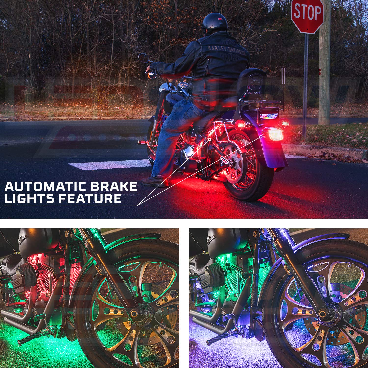 LEDGlow 12-Piece Bluetooth Motorcycle LED Light Kit - 16 Million Colors, Smartphone App Control, Dual Zone & Brake Light Features, Waterproof Design - Perfect for Night Riding, Bike Shows & Custom Motorcycle Lighting