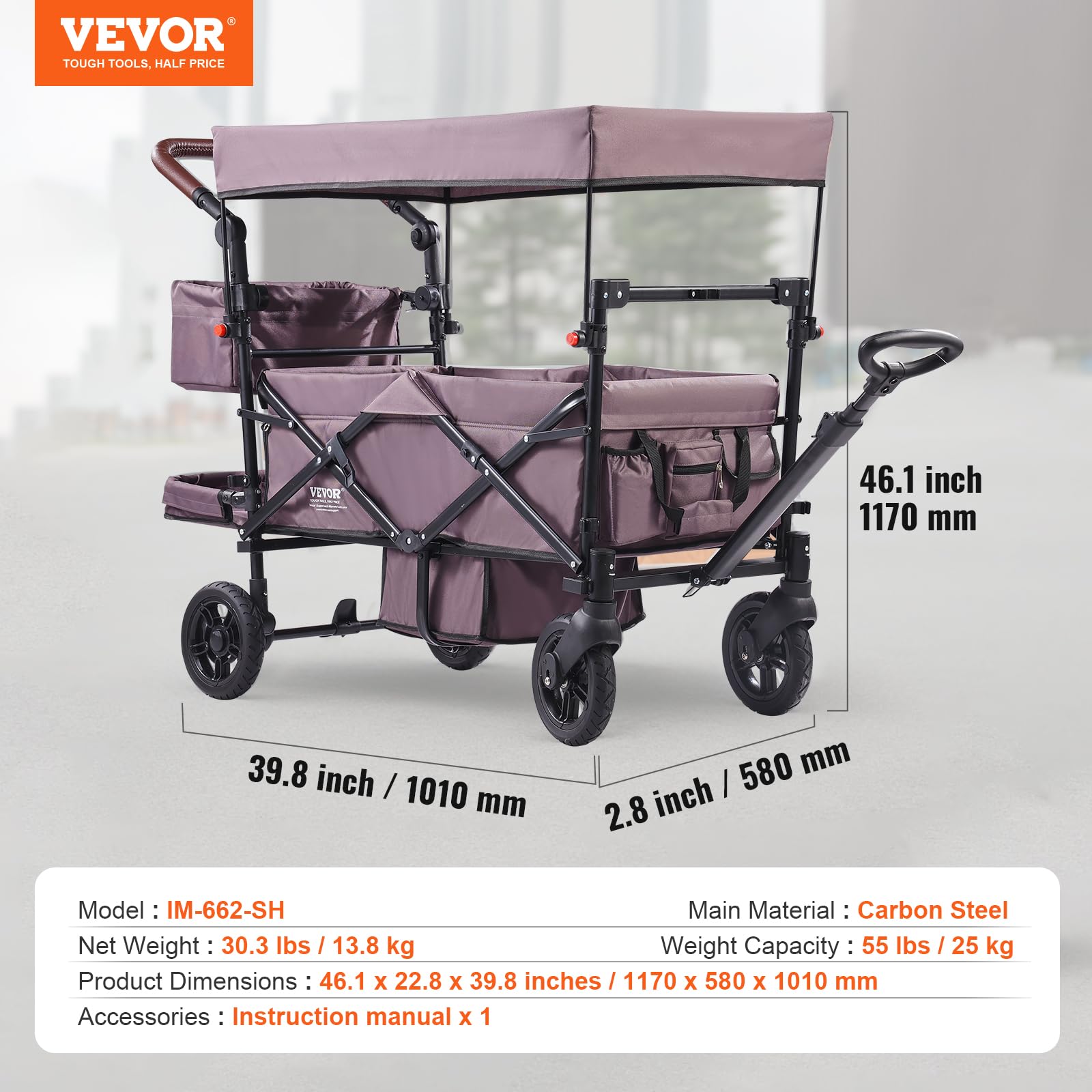 VEVOR Double Stroller for 2 Kids - Foldable 4-Wheel Wagon with Adjustable Handle, Safety Harness & Removable Canopy - Perfect for Camping, Beach Outings & Family Walks (Dark Purple)