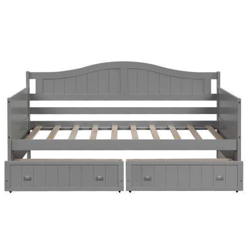 Mera Wood Twin Daybed with Storage Drawers - Twin Size Bed Frame, No Box Spring Needed (Gray) - Perfect for Guest Rooms, Kids' Bedrooms & Small Spaces