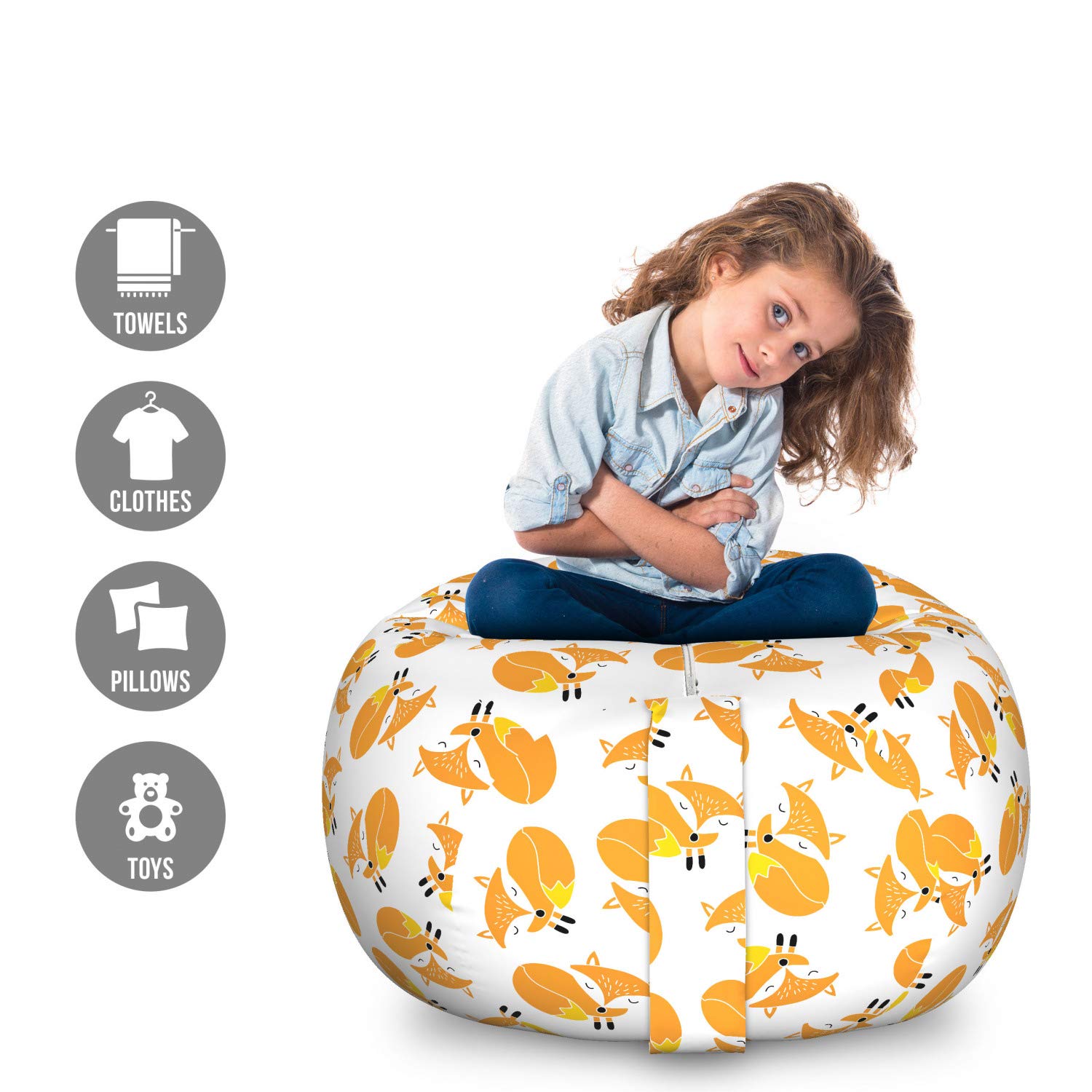 Ambesonne Cartoon Toy Storage Bag Chair with Sleeping Fox Cub Doodle Design - Large Washable Stuffed Animal Organizer in Marigold Yellow | Perfect for Kids' Room, Nursery, Playroom & Toy Organization