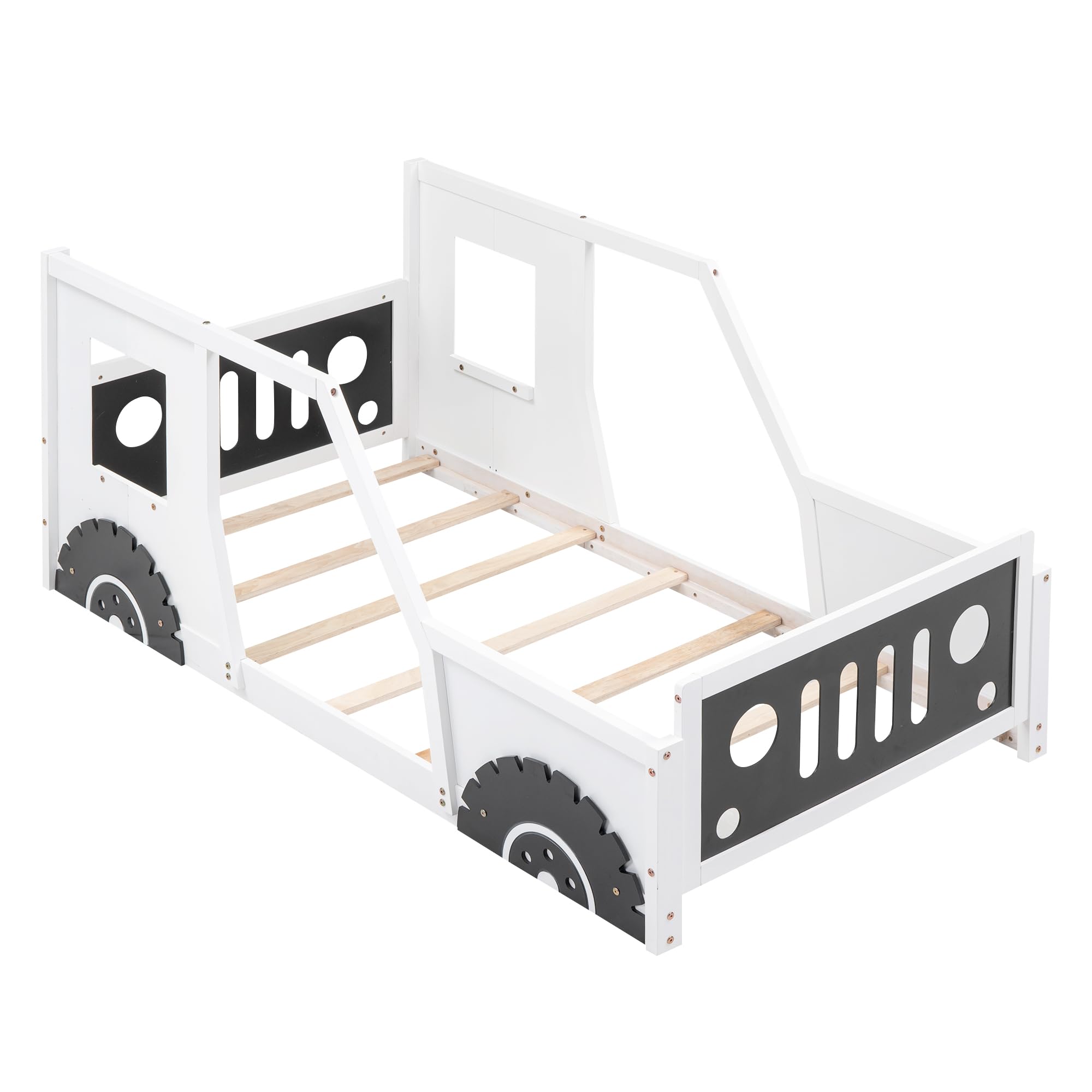 Twin Size Wooden Race Car Bed Frame with Headboard & Footboard - 4 Safety Side Rails - Kids Floor Bed for Boys & Girls - Perfect for Bedrooms, Playrooms & Sleepovers (White)