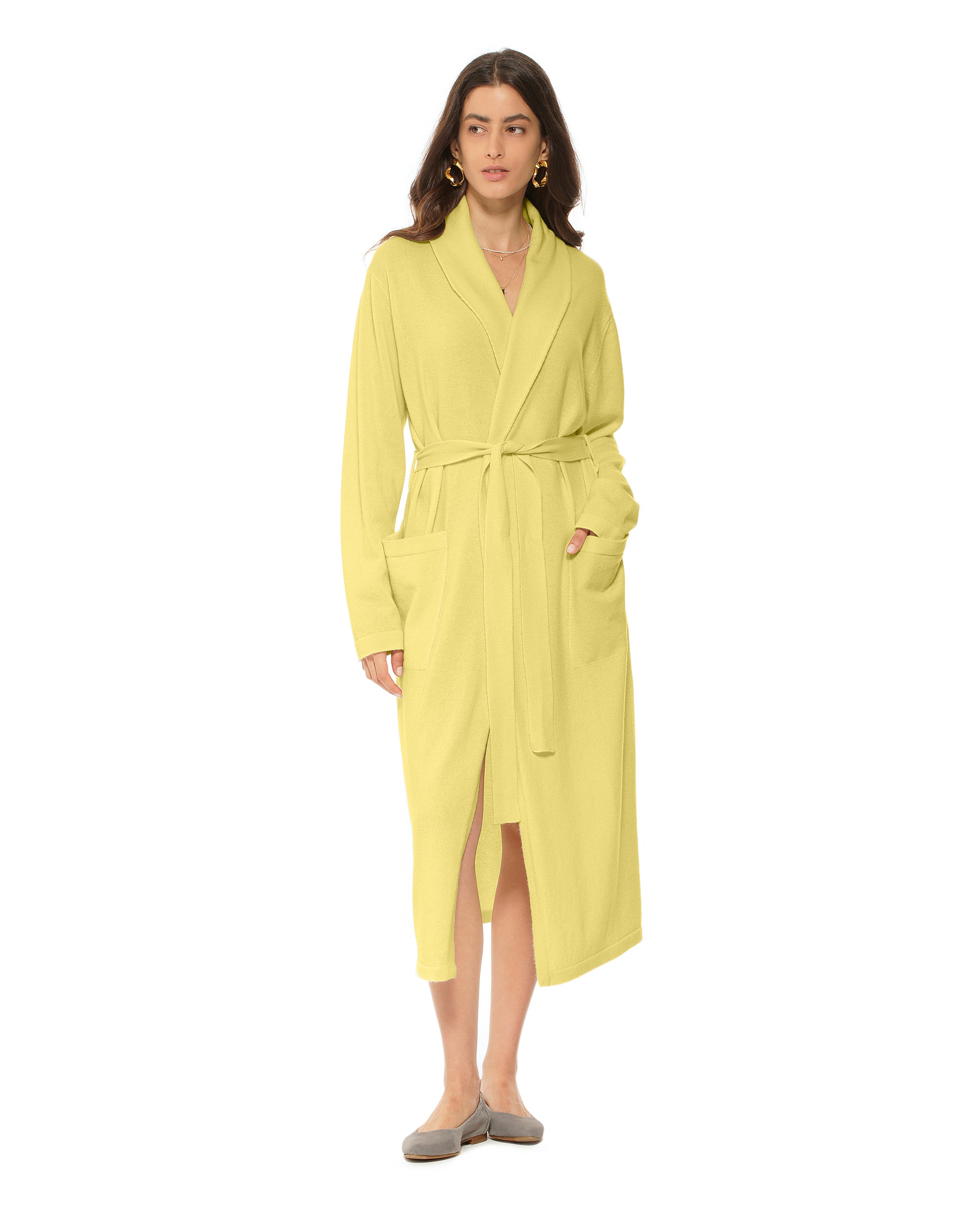 Luxury Women's Pure Cashmere Knit Robe - Soft & Warm Lemon Yellow Winter Loungewear for Spa, Home & Gift Giving