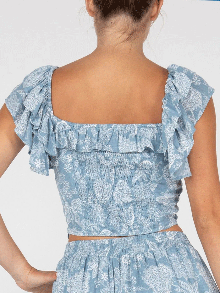 Miss Me MT2877S Women's Cropped Ruffled Floral Blouse in Light Blue - Perfect for Spring Outfits, Date Nights & Casual Wear