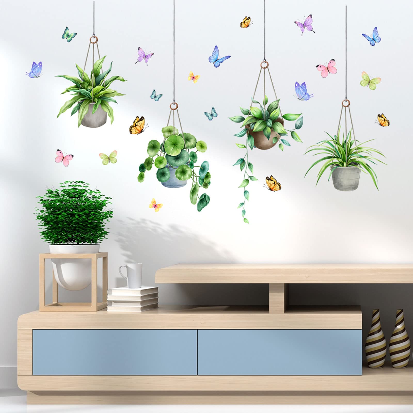 Green Plant Wall Decals with Potted Plants & Butterflies - Removable Vinyl Stickers for Home Office, Bedroom, Living Room & Classroom Decor | Perfect for Parties, Nursery & Indoor Wall Art