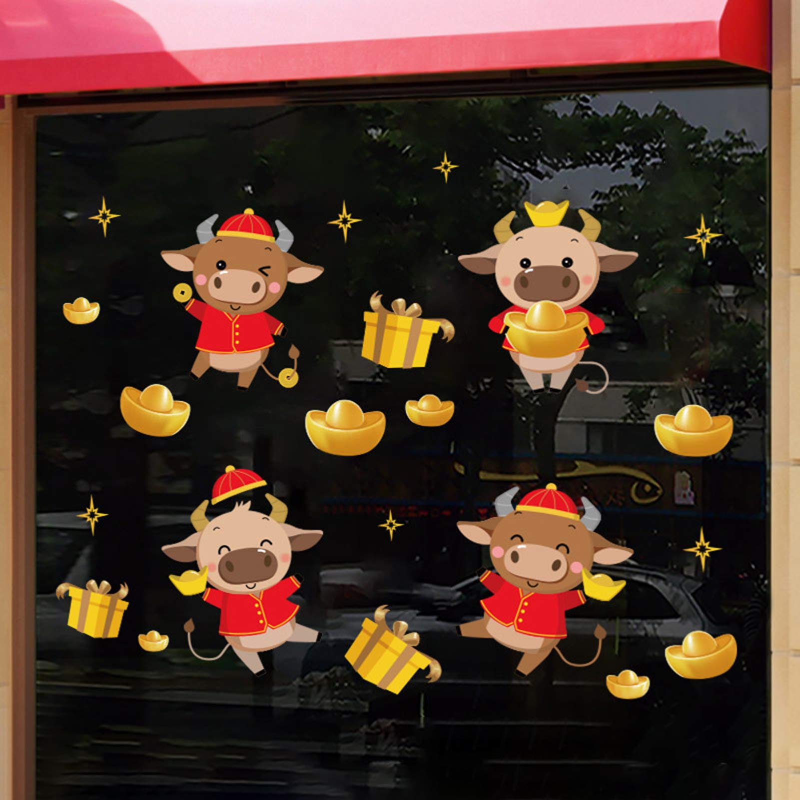 helegeSONG 2021 Chinese New Year Window Stickers - Happy Lunar New Year Window Clings, Spring Festival Decorations for Home & Office, Chinese Zodiac Ox Year Window Decals (Set of 7) - Perfect for Holiday Party Decor & Festive Wall Decorations