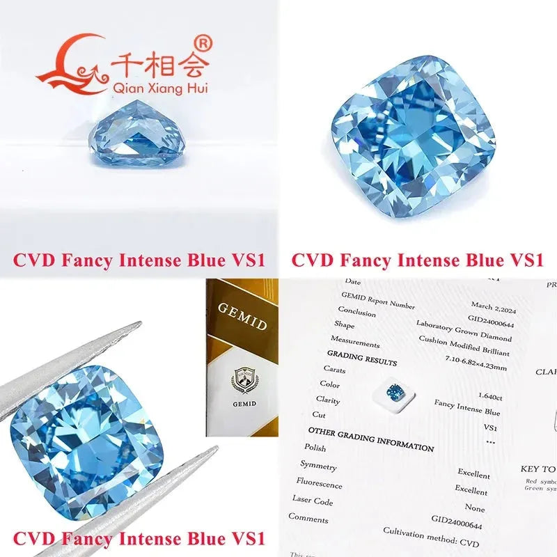 1.6ct & 2ct CVD Lab Grown Diamond - Fancy Vivid Aqua Blue, VS1 Clarity, Cushion Cut, GEMID Certified Loose Stone for Engagement Rings & Fine Jewelry