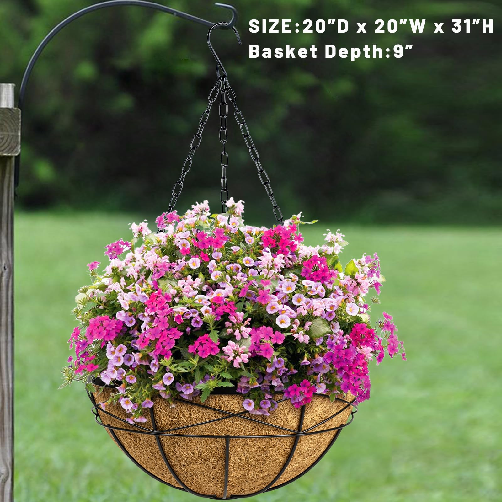 4 Pack 20 Inch Extra Large Deep Hanging Planters Baskets with Coconut Liner - Outdoor Flower Pots for Porch, Balcony & Garden Decor - Perfect for Ferns, Petunias & Vine Plants