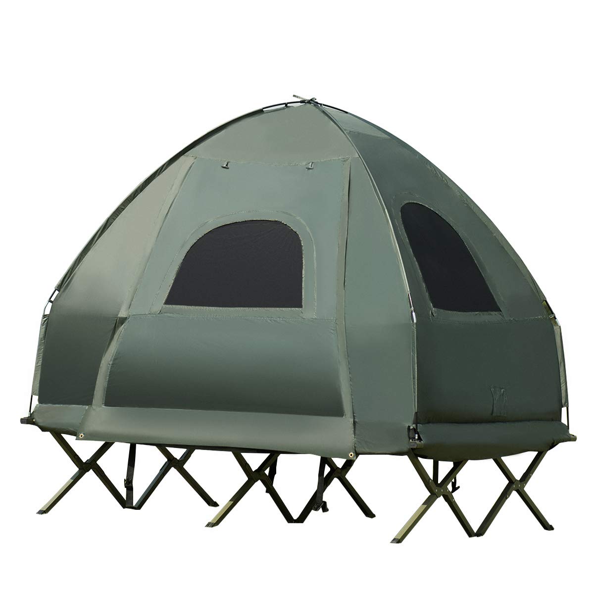 Double Tent Bed with Air Mattress & Pillow - Portable Folding Camping Cot with Metal Frame & Polyester Canopy - Military Green for Outdoor Family Camping, Picnics & Backpacking Adventures