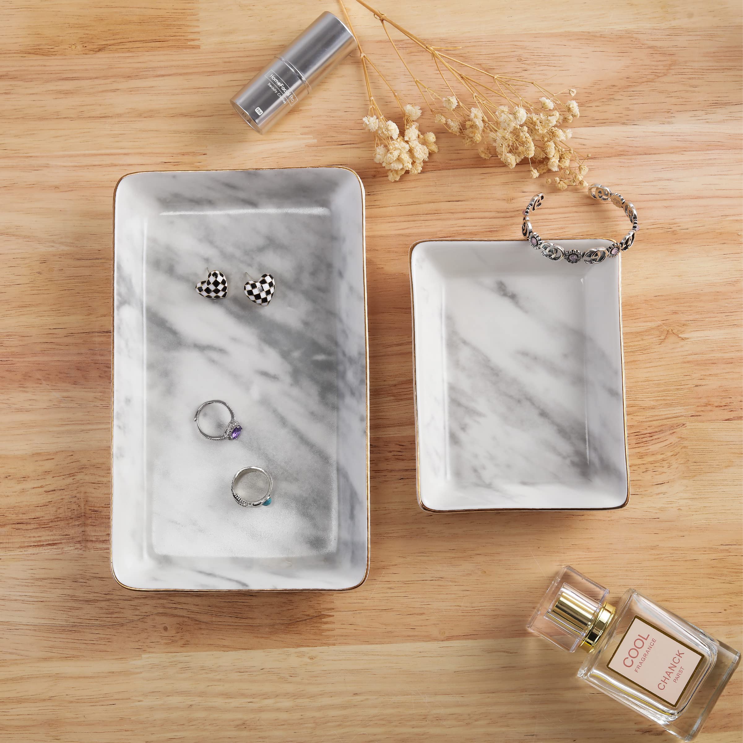 Marble Jewelry Dish Tray Set of 2 - Large Capacity Trinket Organizer for Rings, Earrings, Necklaces, Bracelets & Watches - Elegant Key Dish & Jewelry Holder - Perfect Birthday Gift for Women - Ideal for Dresser, Vanity & Nightstand Organization