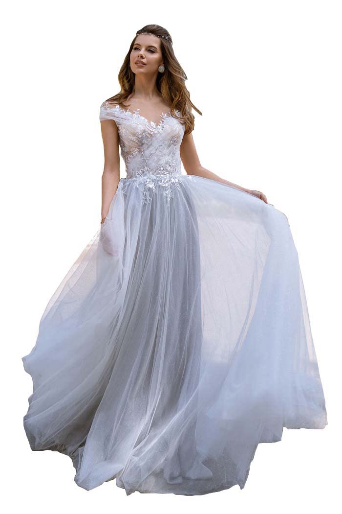 Sparkling Glitter Tulle Wedding Dress for Bride - Elegant Long Summer Beach Bridal Maxi Gown with Flowing Train | Perfect for Beach Weddings, Destination Elopements & Romantic Photoshoots