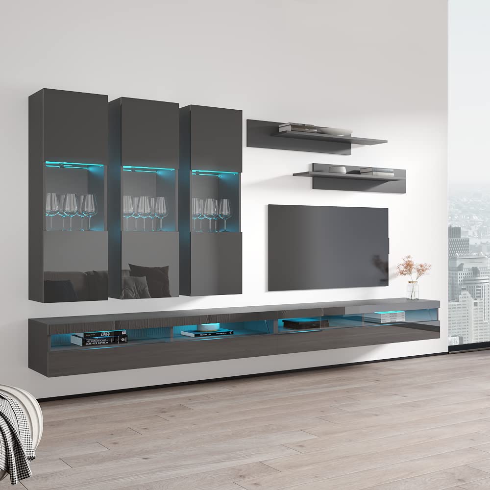 Modern Wall-Mounted TV Stand with Storage Shelves & LED Lights - Fly E 35 Entertainment Center for Living Room & Bedroom - Space-Saving Floating TV Console with Adjustable Shelves (E2, Gray) - Perfect for Small Apartments, Dorms, and Home Theater Setups