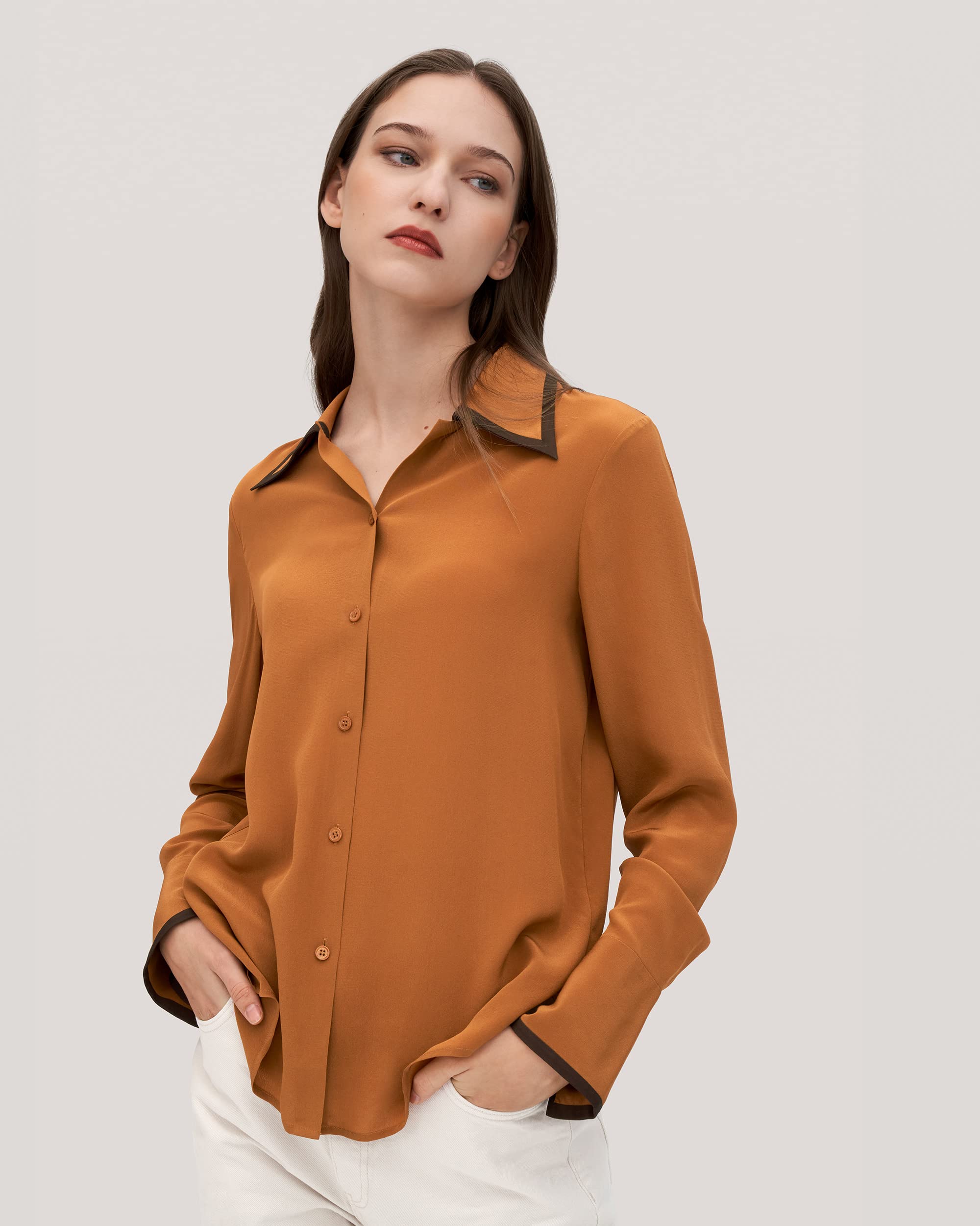 Luxury LilySilk Silk Blouse for Women - Elegant Contrast Piping Willow Shirt Tops | Perfect for Office Wear, Date Night & Special Occasions