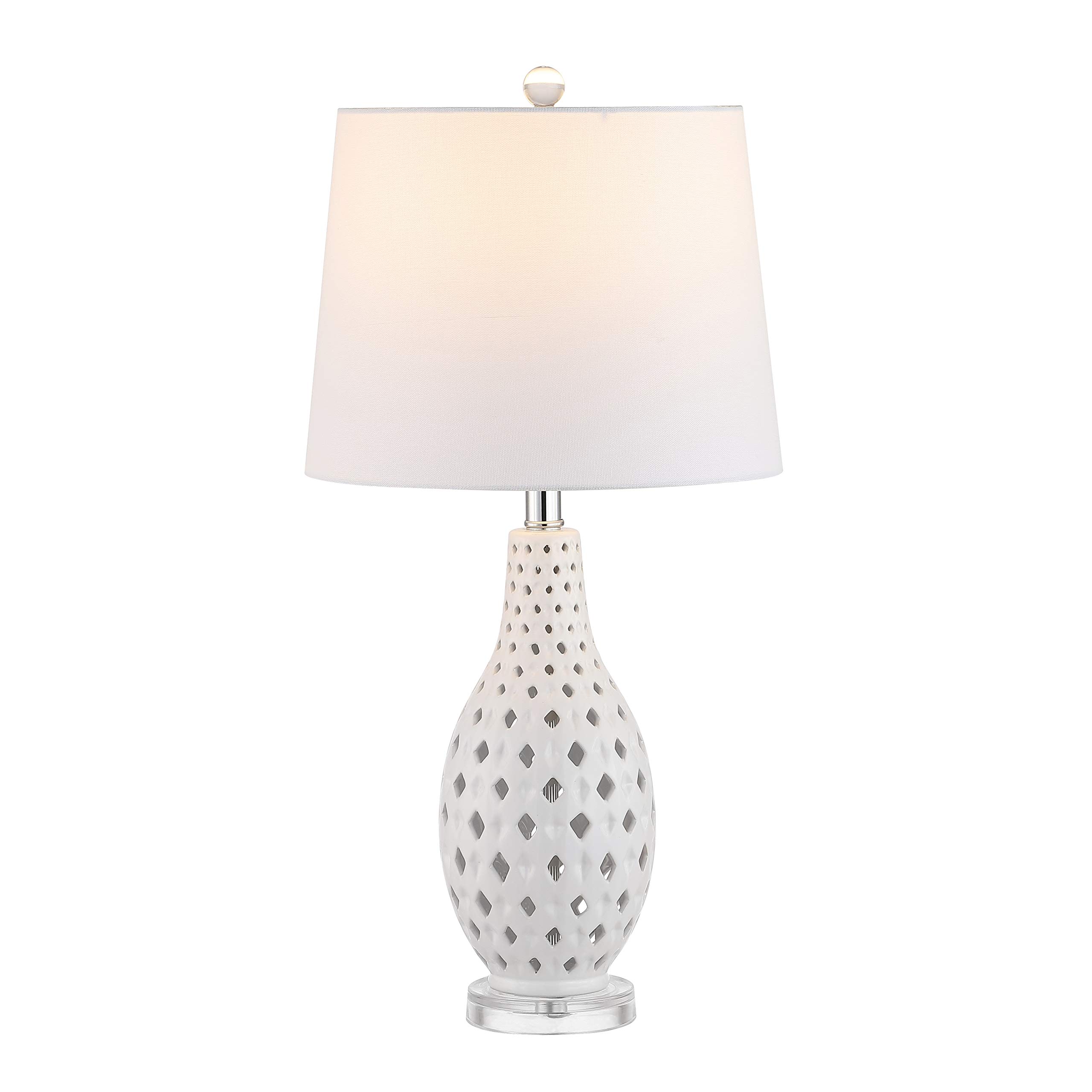 SAFAVIEH Harlem Trellis White Ceramic Table Lamp - 26 Inch Modern LED Desk Lamp for Bedroom, Living Room & Home Office - Nightstand Lighting with Included LED Bulb - Perfect for Reading, Working & Ambient Lighting