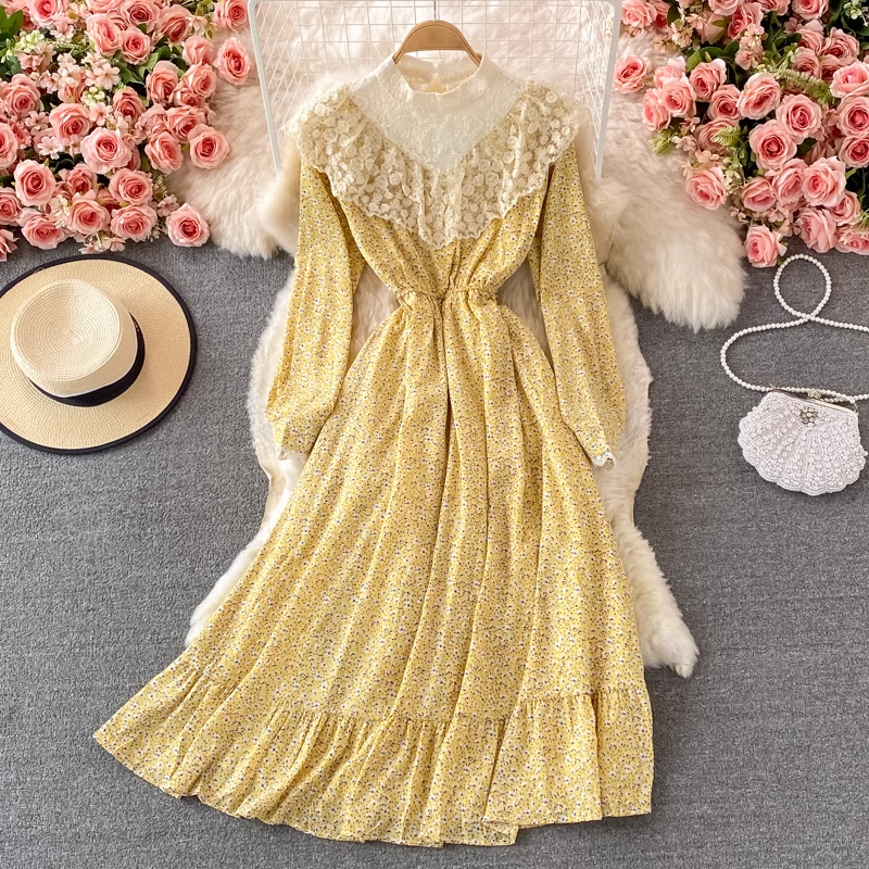 Elegant Autumn Stand Collar Lace Floral Dress - Sweet Princess Style Formal Dress for Women | Perfect for Weddings, Parties & Special Occasions