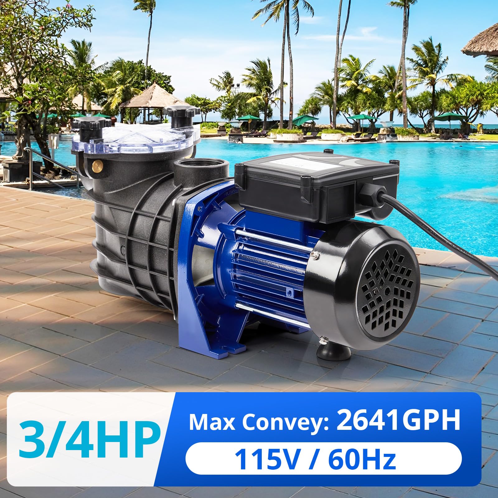 0.75HP Pool Pump for In-Ground & Above Ground Pools - 550W/115V, 2641GPH High Flow, Self-Priming Swimming Pool Water Pump with Filter Basket - Low Noise, Energy Efficient - Perfect for Backyard, Residential & Commercial Pool Maintenance