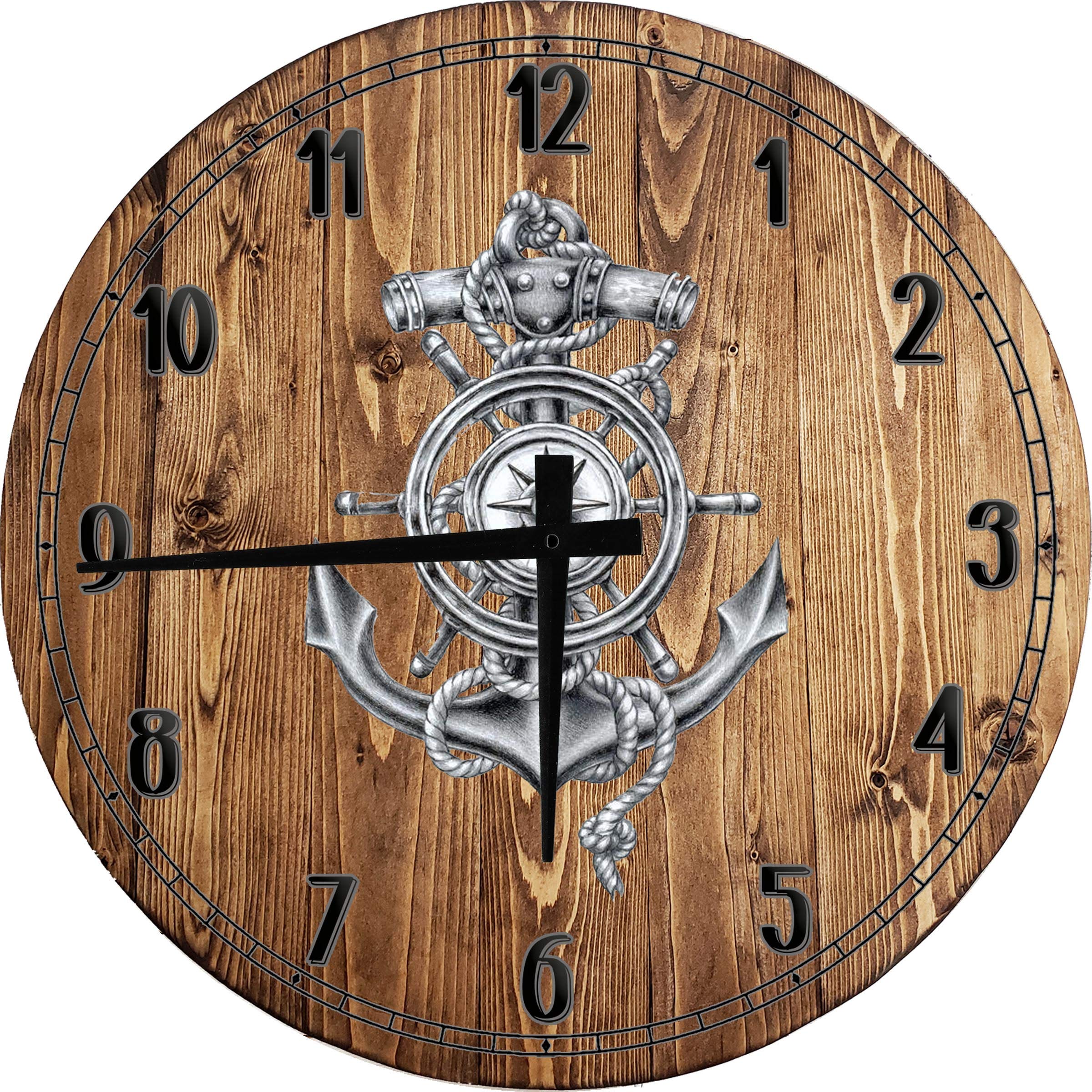 The Good Life Nautical Sailor Wall Clock - 24 Inch Large Round Anchor Wheel & Compass Design, Battery Operated Wall Art for Living Room, Bedroom, or Office Decor