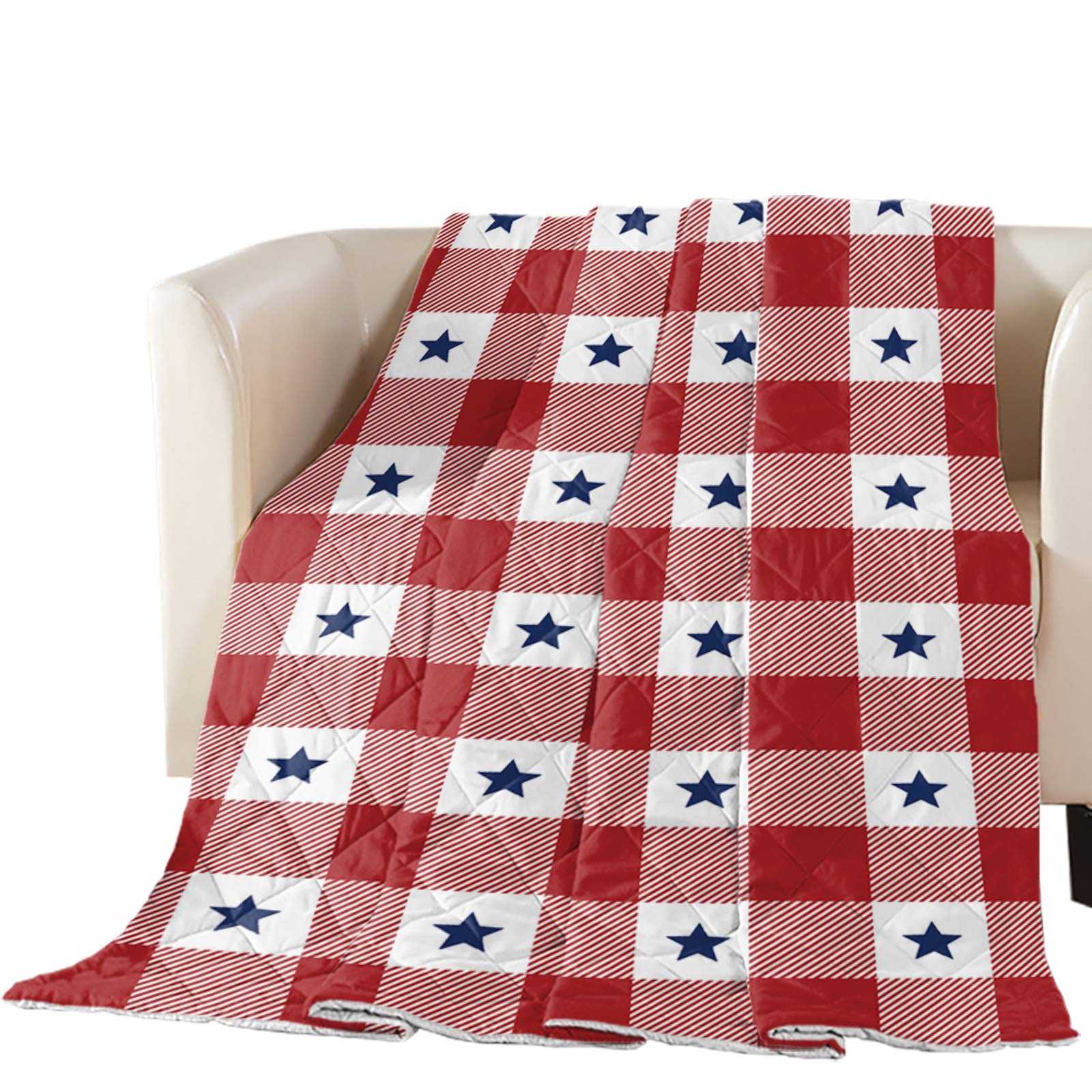 TweetyBed Cotton Quilted Comforter - American Flag Design with Blue Stars, Red White Check Plaid Throw Blanket - Soft, Breathable, Lightweight Bedspread for All Seasons - Queen Size | Perfect for Bedroom Decor, Patriotic Holidays, Sofa Lounging & Outdoor Picnics