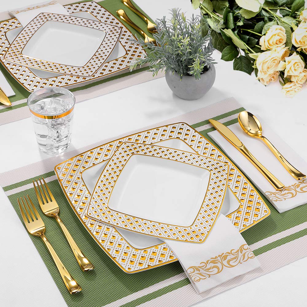 FOCUSLINE 175-Piece Gold Disposable Dinnerware Set for 25 Guests - Elegant Square Plastic Plates with Diamond Design - Includes 25 Dinner Plates, 25 Dessert Plates, 25 Napkins, 25 Cups & 25-Piece Silverware Set - Perfect for Weddings, Parties, Banquets & Special Events