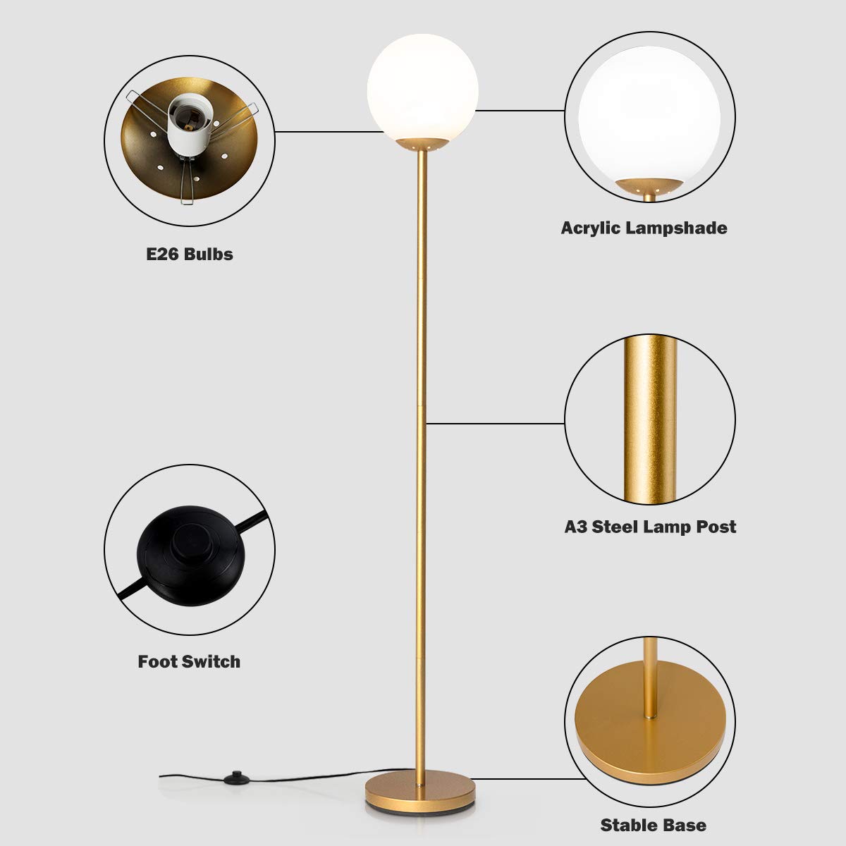 Tangkula Mid Century Modern Globe Floor Lamp - Gold Standing Light with Glass Shade for Living Room, Bedroom & Office - Tall Pole Light for Reading Nook, Lounge Area & Workspace (1-Globe)
