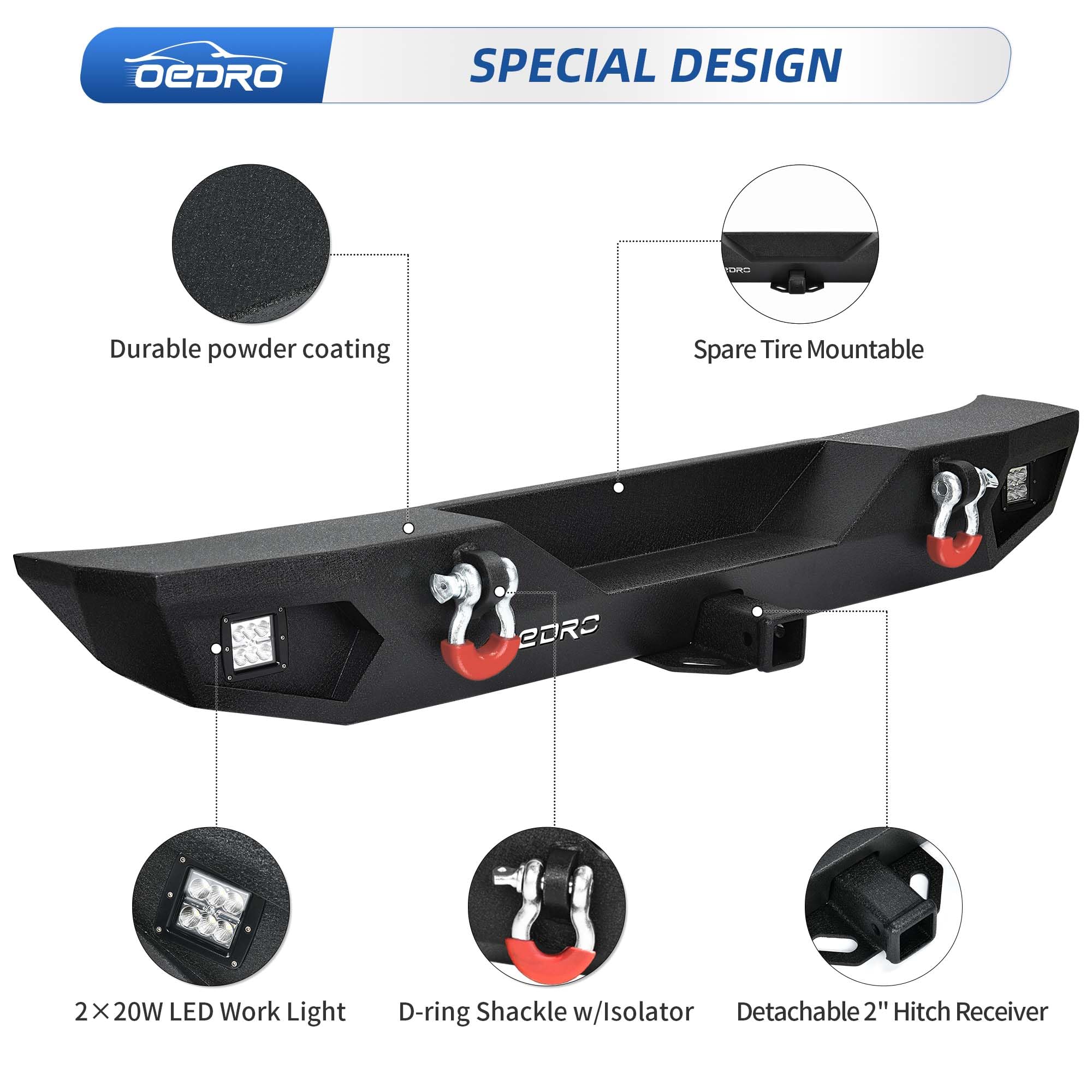 OEDRO Heavy Duty Rear Bumper for 2007-2018 Jeep Wrangler JK Unlimited - Rock Crawler Bumper with Hitch Receiver & 2X LED Lights, Off-Road Textured Black - Perfect for Off-Roading, Rock Crawling & Adventure Trail Riding