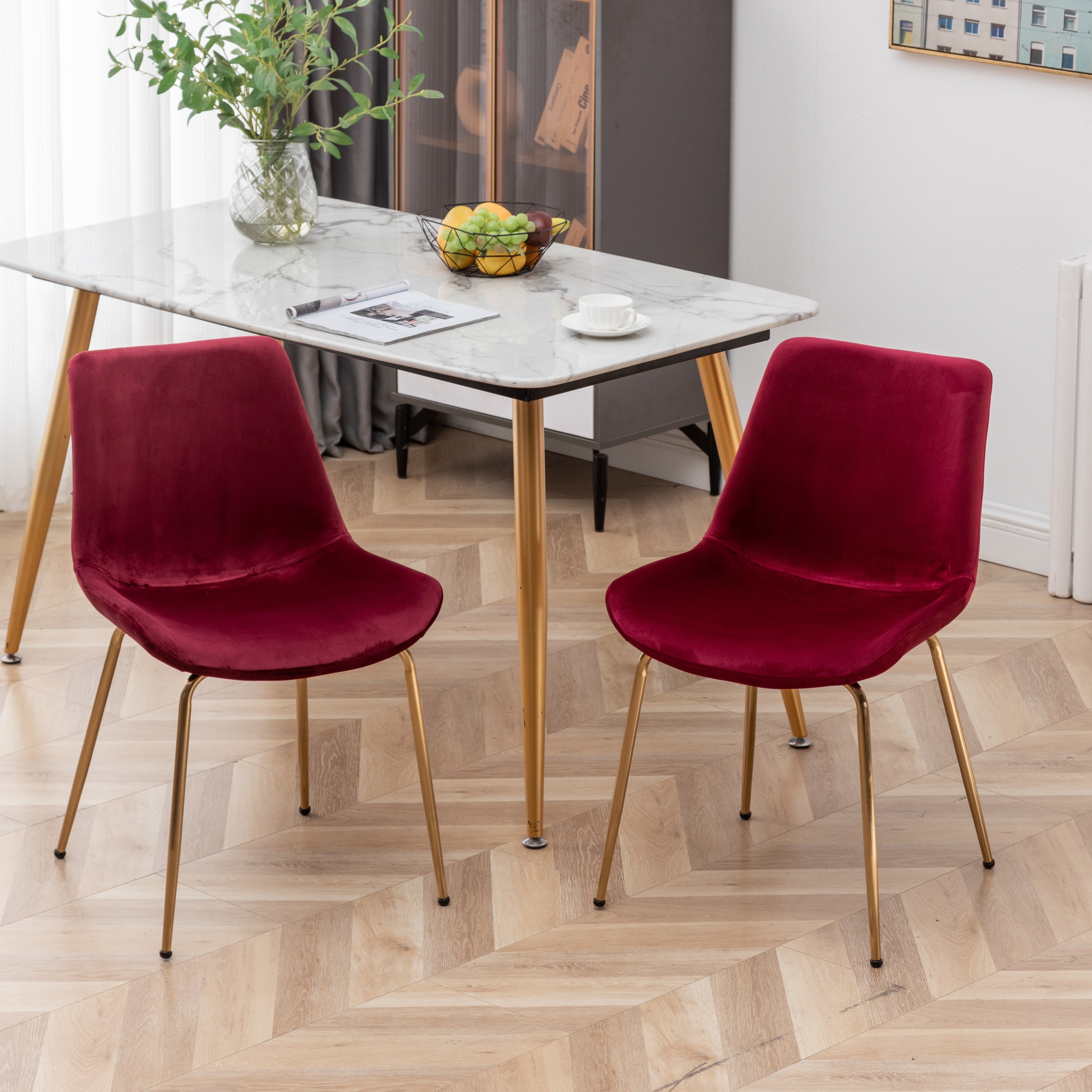 Roundhill Furniture Aufurr Modern Velvet Dining Chairs - Set of 2, Soft Red Velvet Upholstery, Comfortable Mid-Century Style Dining Room Chairs for Kitchen, Dining Table, Breakfast Nook & Home Decor