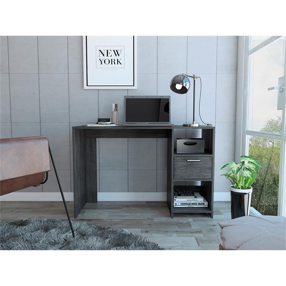 Arlington Computer Desk with Drawer, 2 Open Storage Shelves & Sturdy Legs - Smokey Oak Finish for Home Office, Study Room & Small Spaces