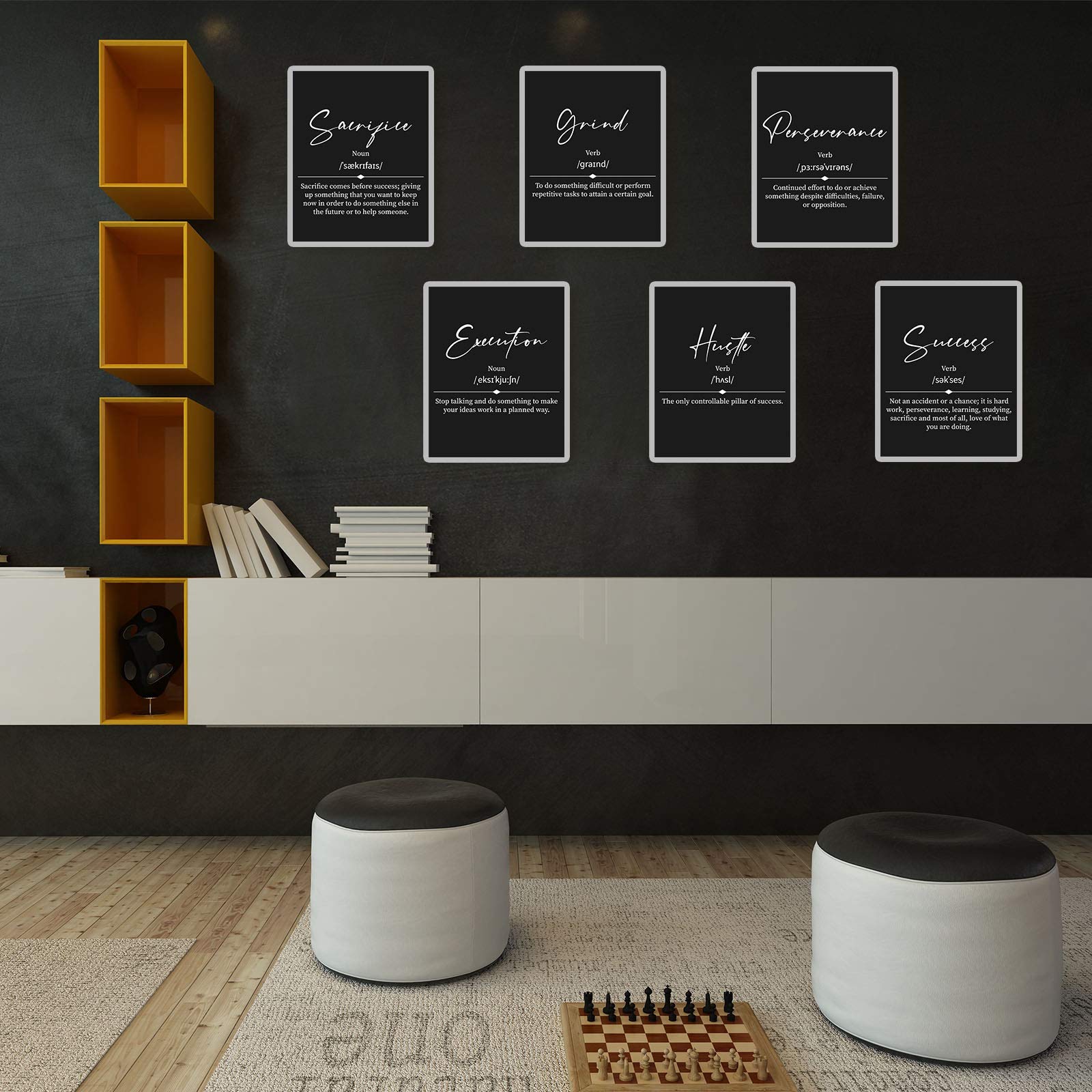 9-Piece Motivational Office Wall Art Set - Grind Hustle Execution Success Quotes, Entrepreneur Posters for Office & Living Room Decor (Black) - Perfect for Home Office, Workspace & Business Inspiration